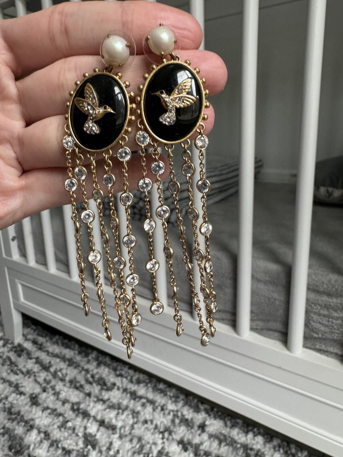 Kate Spade Humming Bird Black & Faux Pearl Grandmas Closet Statement Earrings