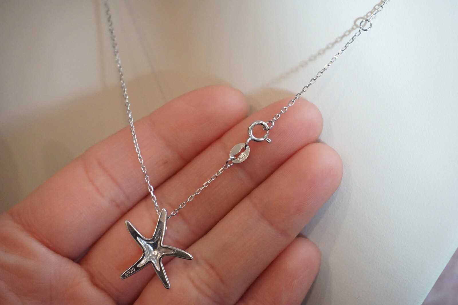 Solid Women Sterling Silver 18mm “Starfish”Pendant 16.5”Long Necklace -D