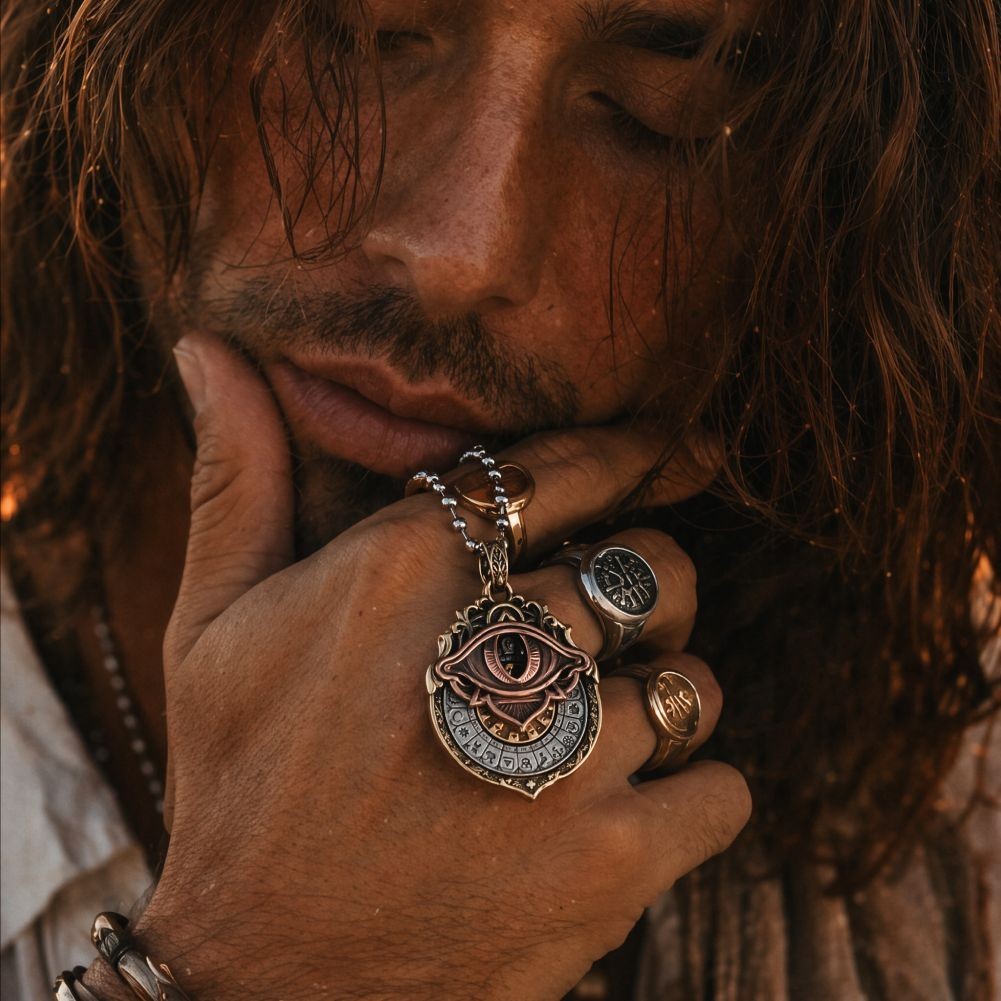 Tarot Vision Pendant. Vintage Astrology Jewelry. Brass Round Pendant for Men