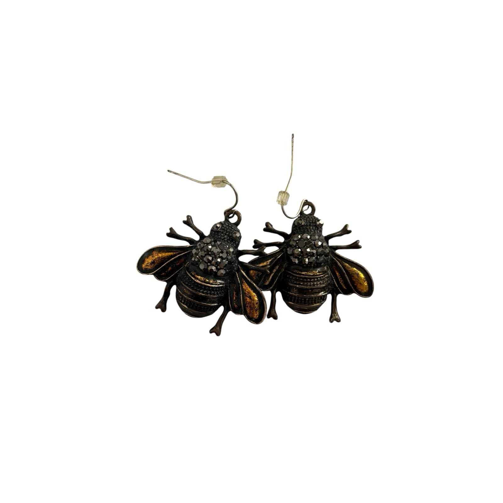 antique brass bee charm earrings on hook wires. Bold bee-shaped dangle earrings.