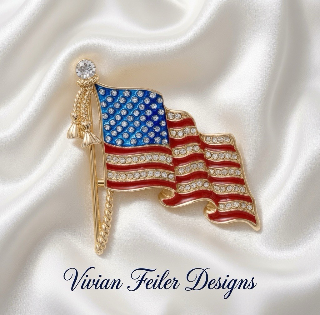 American Flag Brooch Rhinestone Red, White, Pin Gold or Silver Patriotic Jewelry