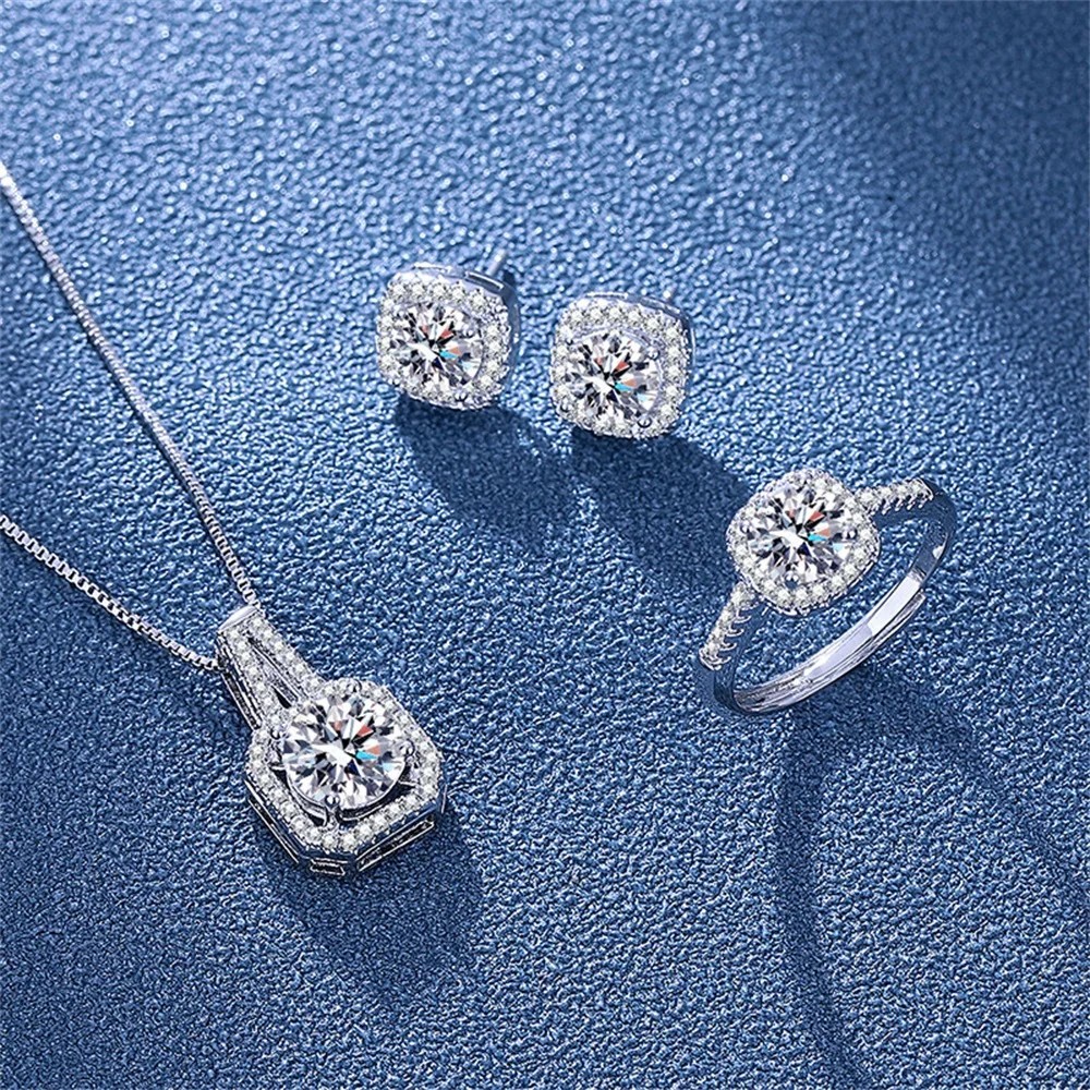 3PCS CZ Stone Jewelry Set Necklace Earrings Ring Silver Tone Women Gift