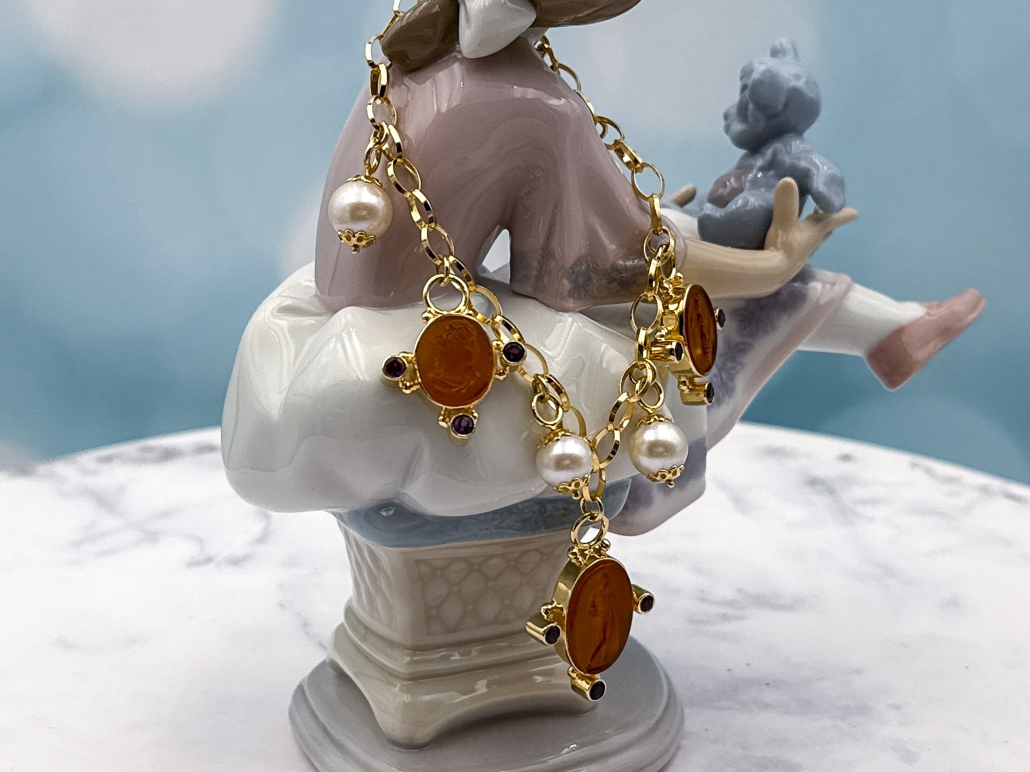 TAGLIAMONTE (LD3601B) 925SS/YGP Venetian Cameo Charm Bracelet *Pearls*Reg.$350