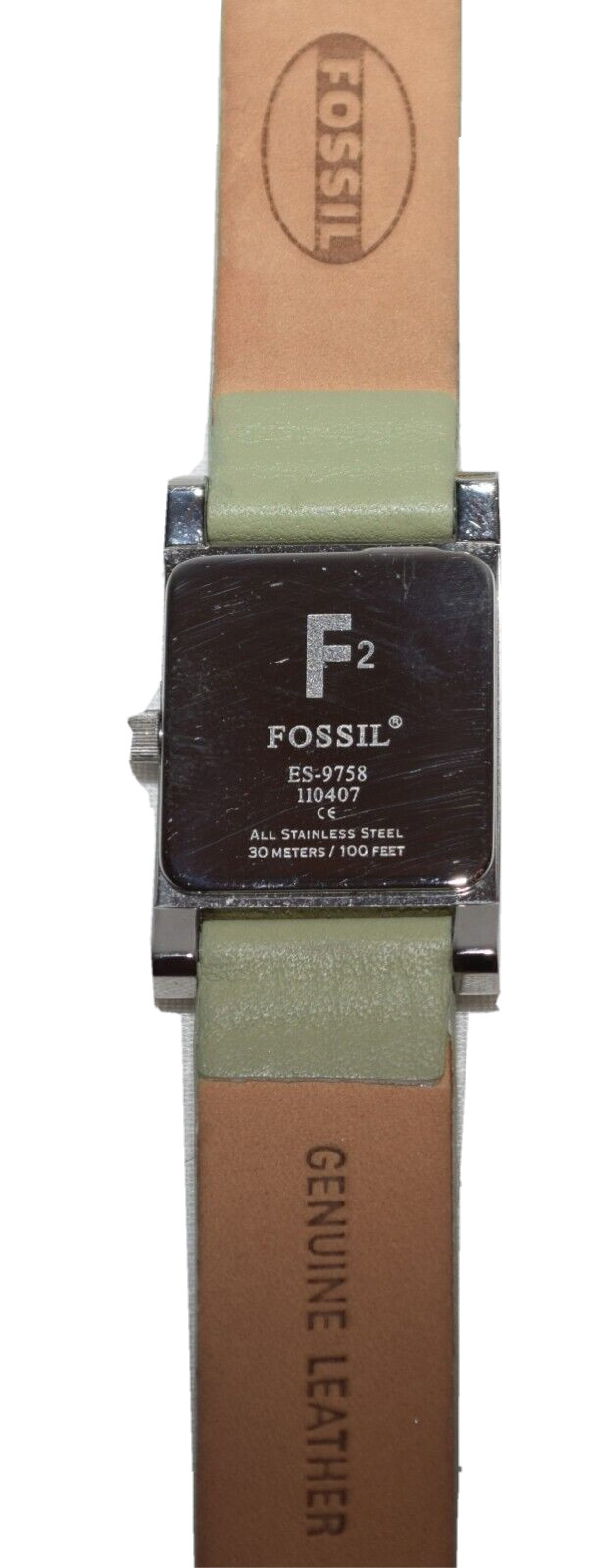 Fossil F2 Model ES-9758 Silver Tone Wristwatch w Olive Green Leather Wristband
