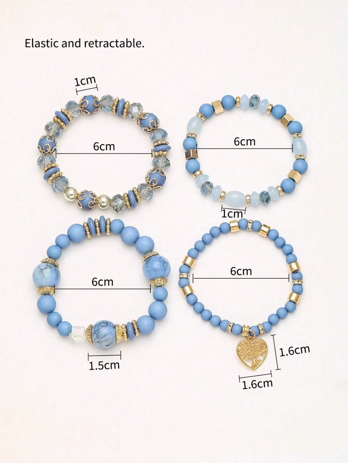 4Pcs Boho Blue Beaded Stretch Bracelet Set Crystal Heart Tree of Life Women