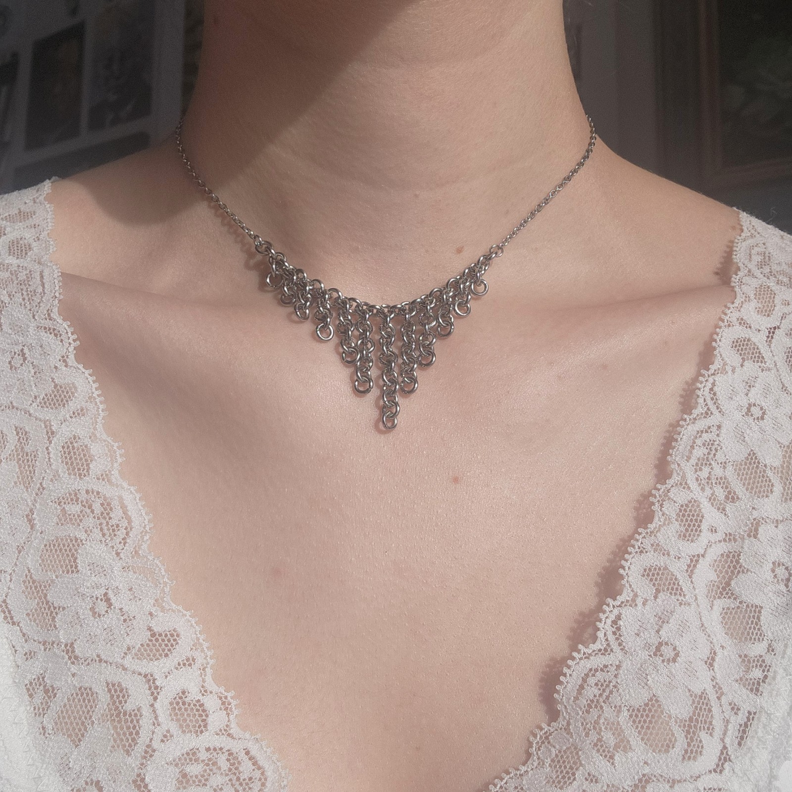 Vintage Medieval style V shape silver chainmail necklace made of stainless steel