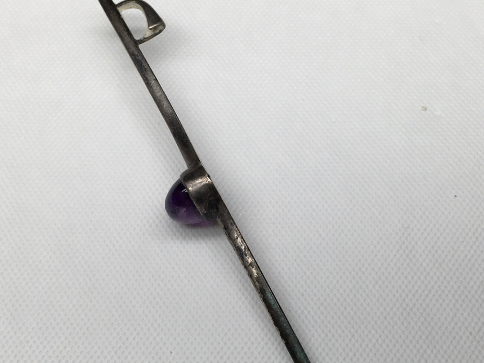 Vintage Brooch Glass OR Natural Purple Stone, 2-3/4″ Long, Unknown Metal.