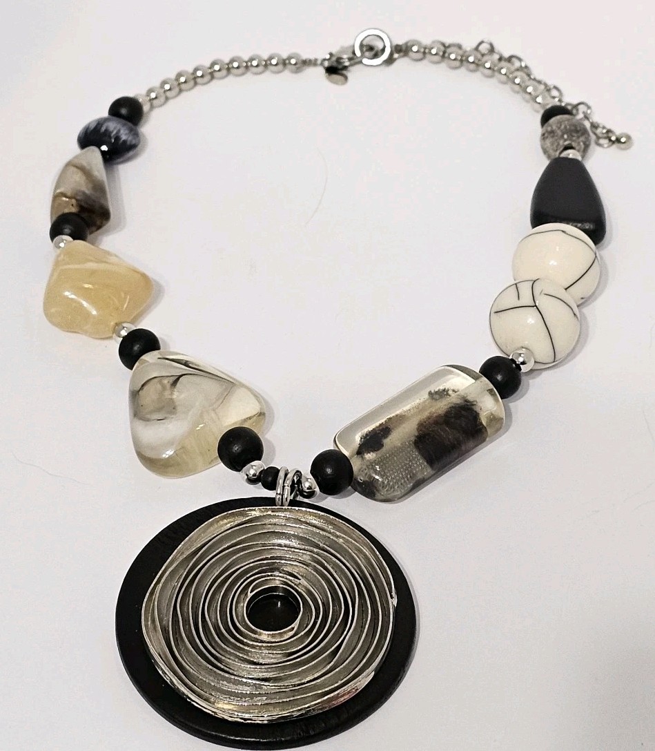 Chicos Chunky Statement Pendant Necklace Silver Spiral Wood Art Wear Stone Bead