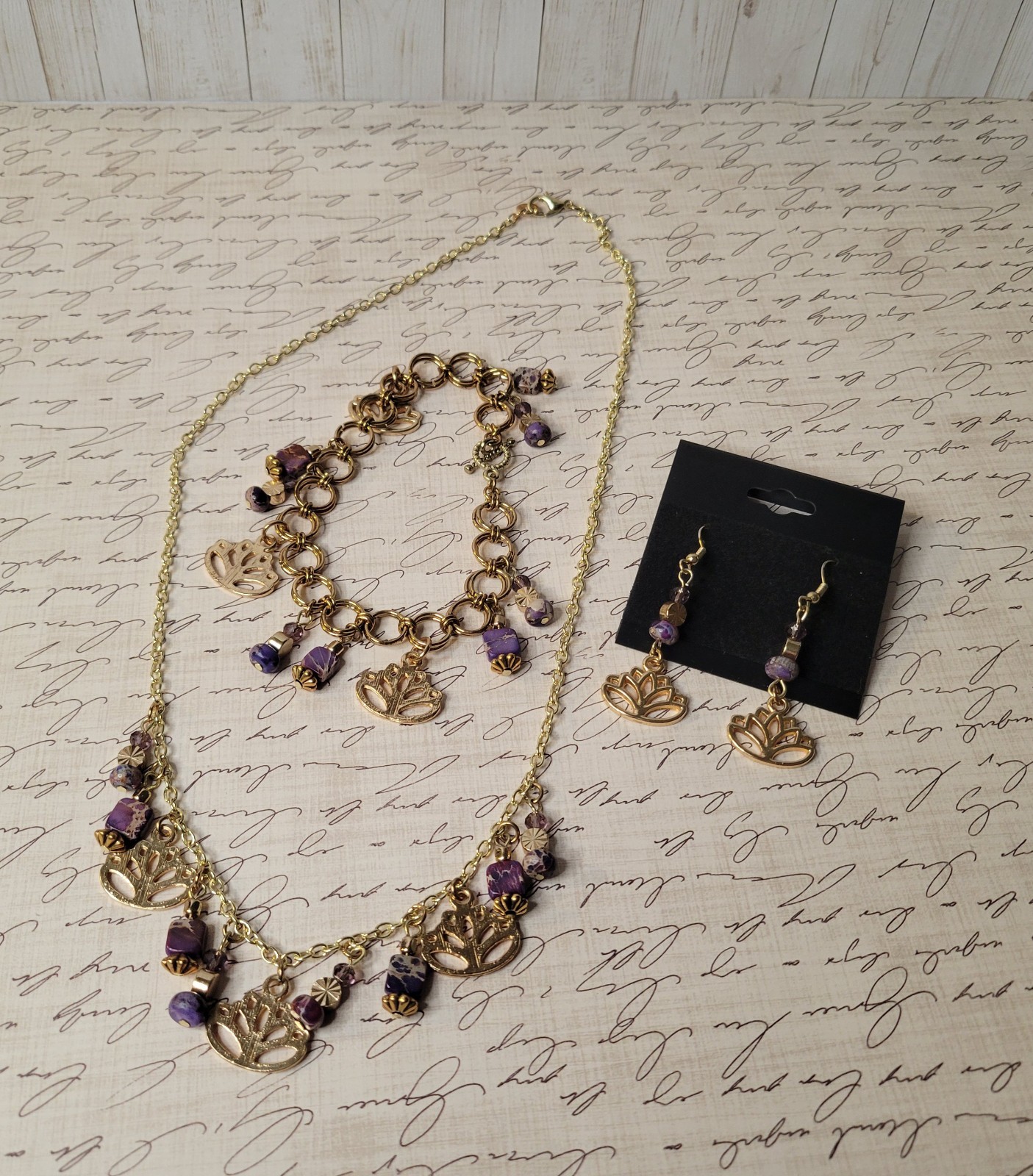 3-Piece Set with Purple Imperial Jasper, Glass, Gold Plated Charms and Findings