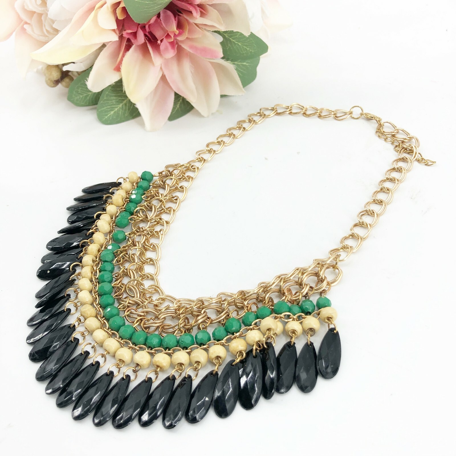 Statement Necklace Green Beige Black Gold Tone Beaded Bib Necklace 16 – 18″