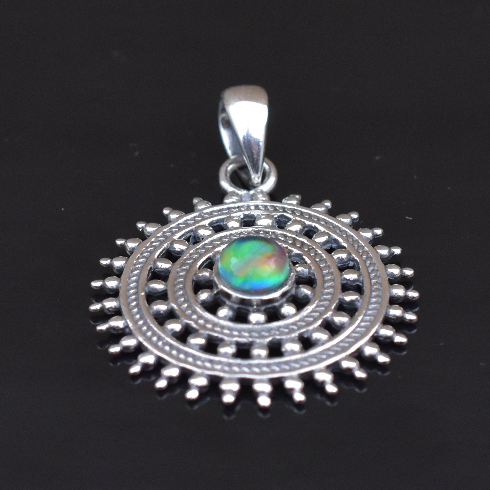 925 Sterling Silver Rainbow Fire Opal Sunburst Pendant, Handmade Boho Jewellery