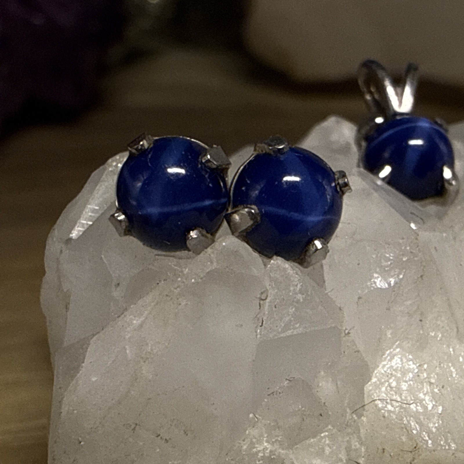 VTG 14K WHT GOLD Blue STAR SAPPHIRE Pendant Earring Set No Backs AN1225-86 EX