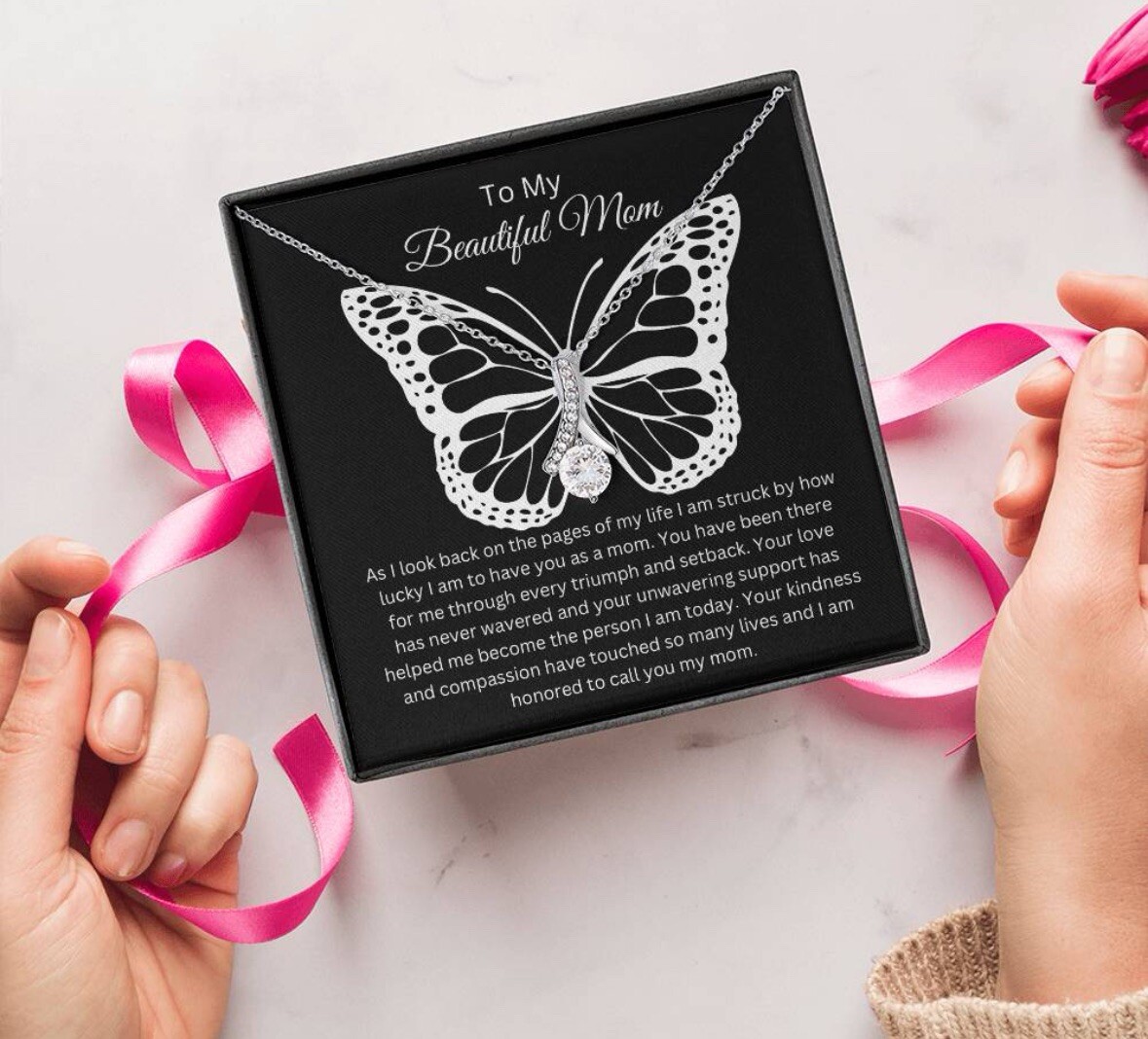 TO MY BEAUTIFUL MOM NECKLACE SOFT BOX GIFT HOLIDAY BIRTHDAY MOTHER’S DAY GIFT