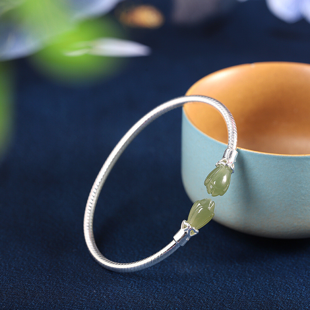 I03 Light Jade Small Hearts Flowers Bangle Sterling Silver 925