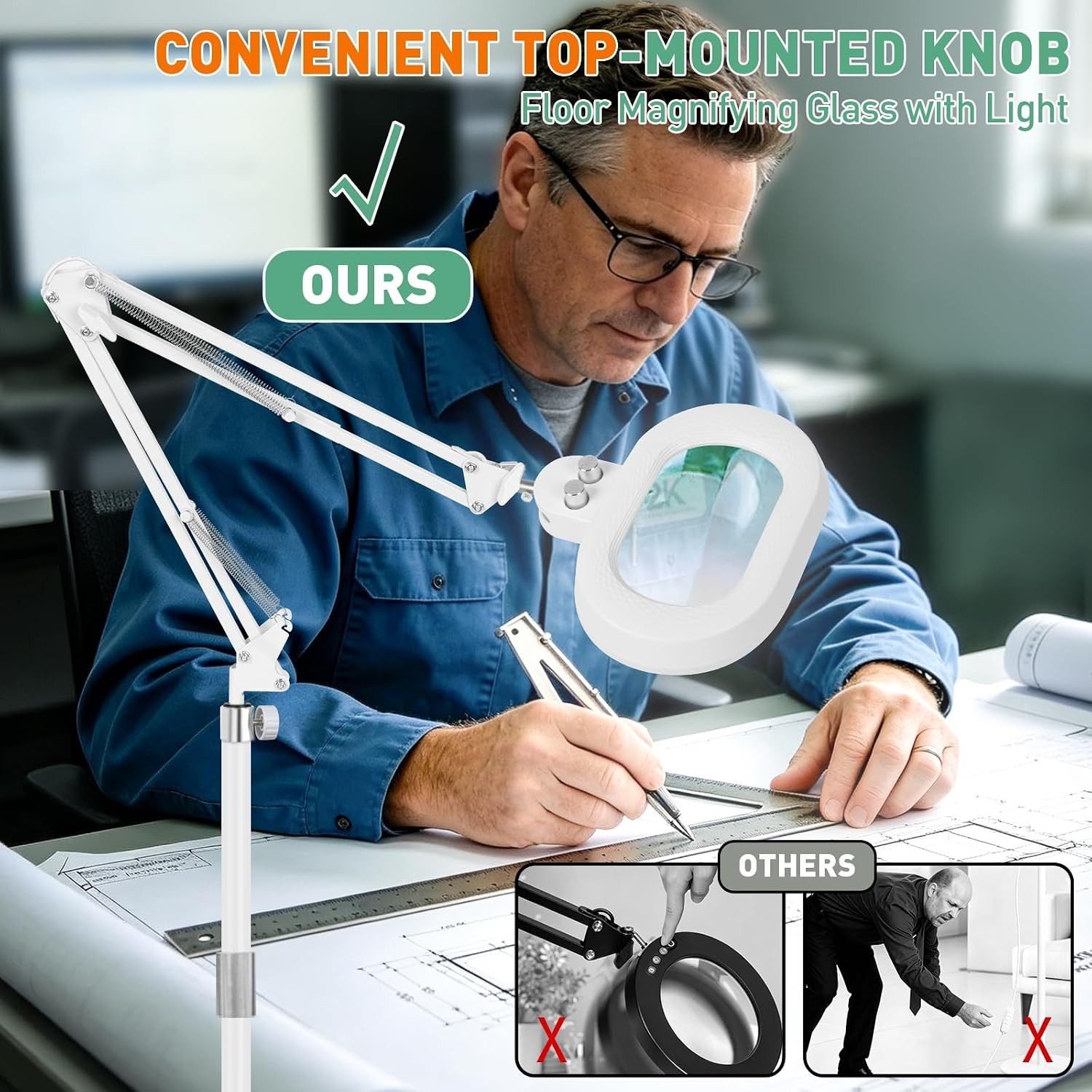 12X Floor Magnifying Glass with Light, 4 Wheel Stable Stand Base | Three-Axis Ro