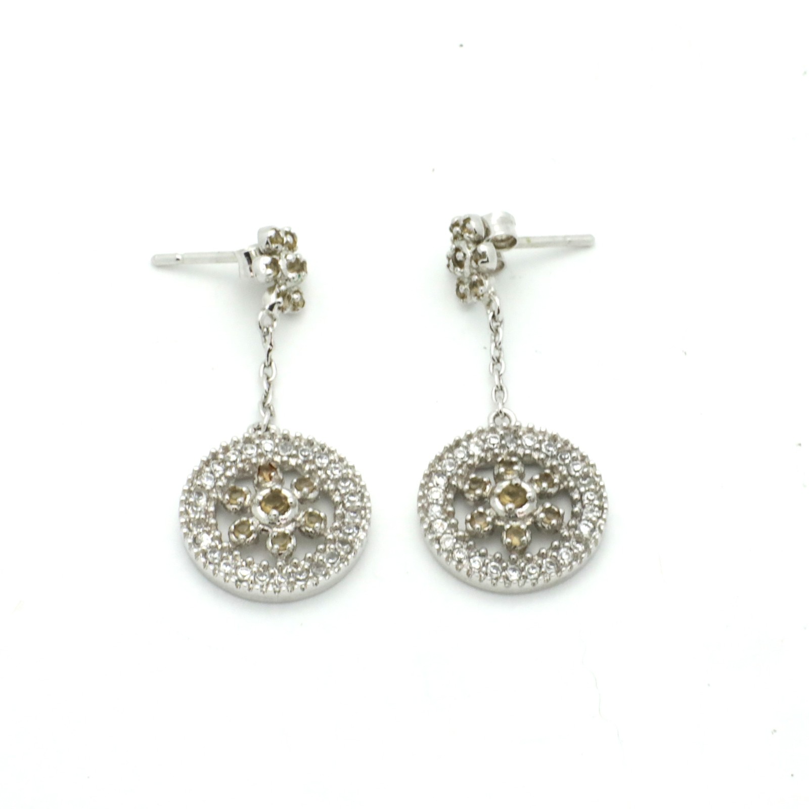 Vintage 1960s Sterling Silver Clear & Yellow Cubic Zirconia Drop Earrings-1.2” L