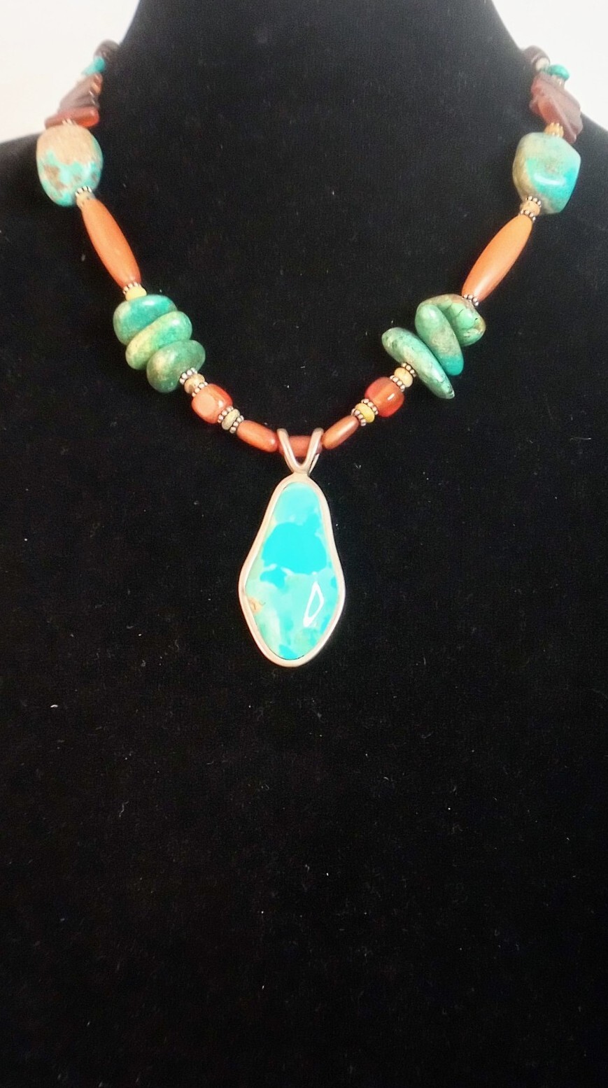 Signed BARSE .925 Sterling Silver Turquoise & Amber Necklace 52.55 Grams 18″ L