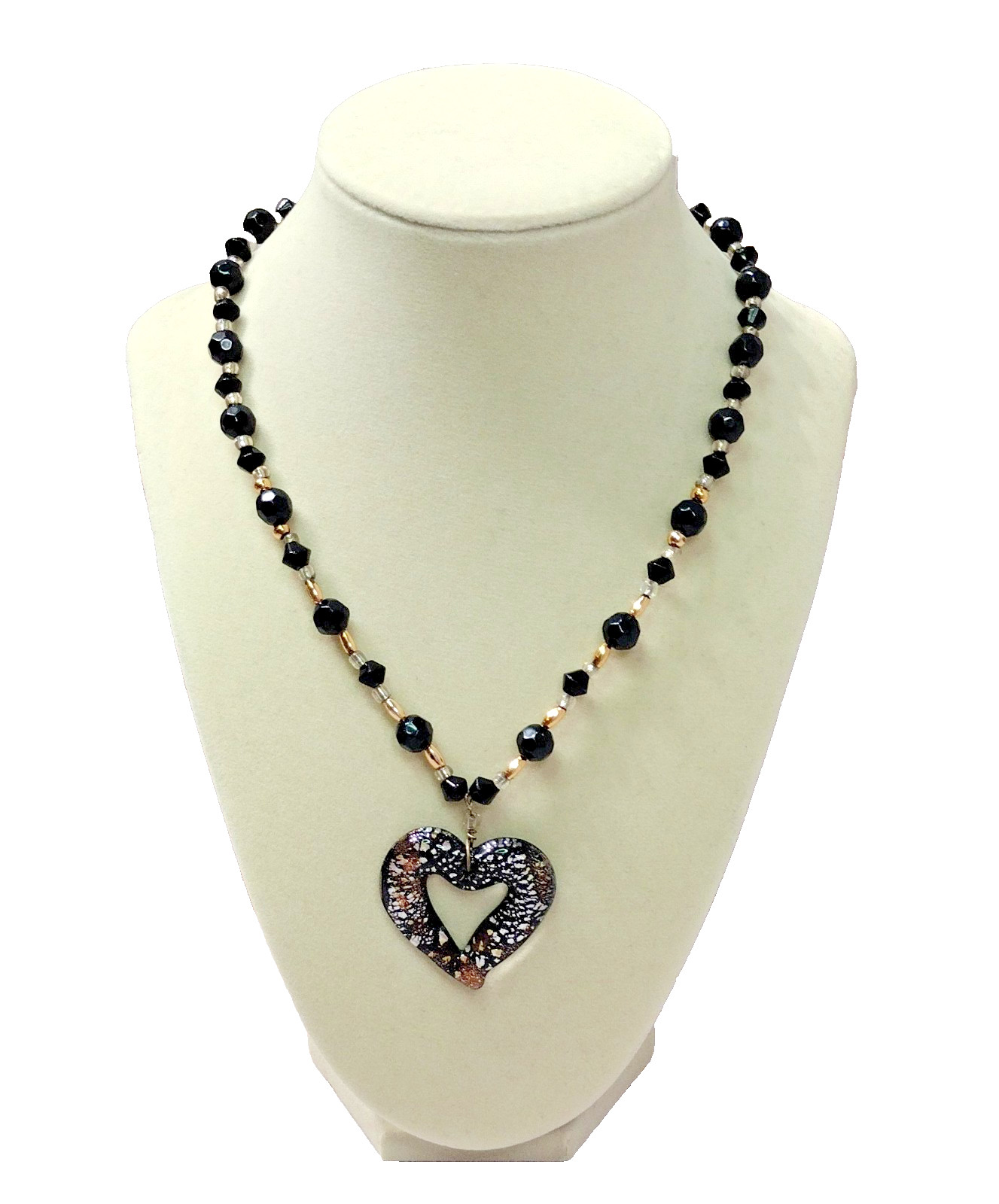 Handmade Black, Silver & Gold Glass Bead Heart Pendant Necklace 17″