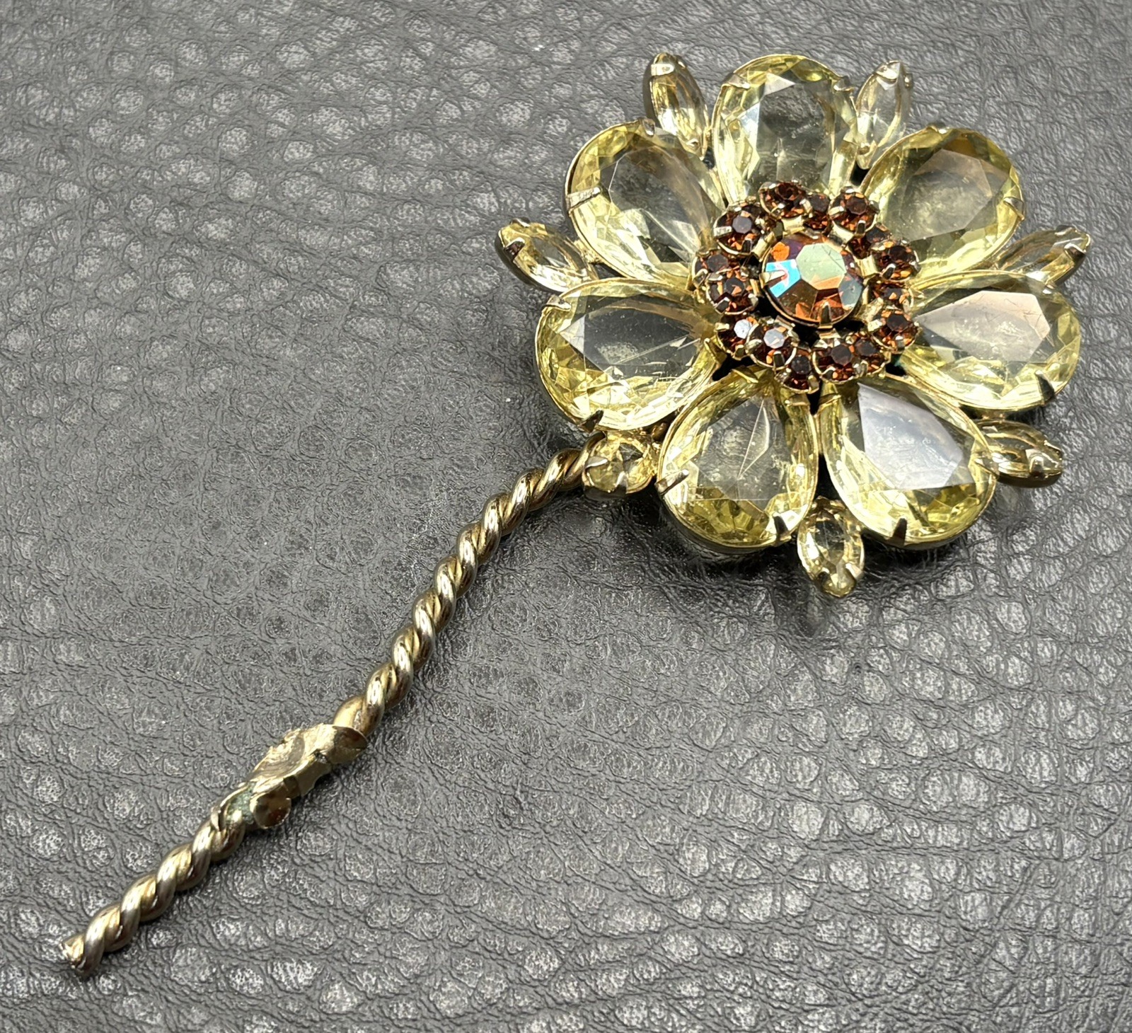 HUGE Aurora Borealis FAUX Citrine Color Rhinestone Flower Brooch MISSING BACK