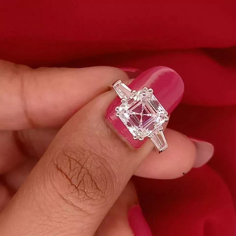 Solid 14K White Gold 3 Carat Asscher Cut Moissanite Solitaire Engagement Ring