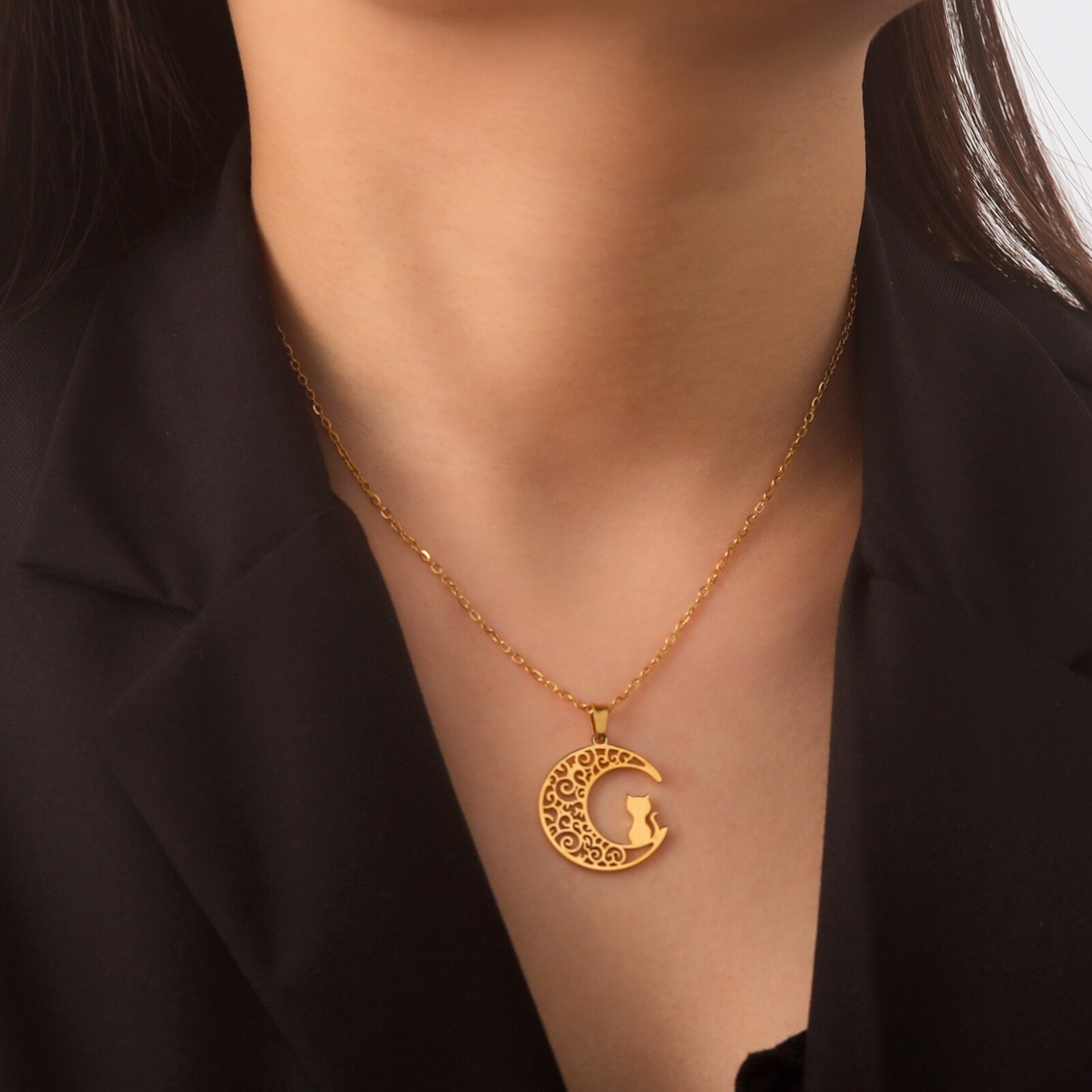 Moon Cat Pendant Necklace for Women Girls Stainless Steel Neck Chain Jewelry