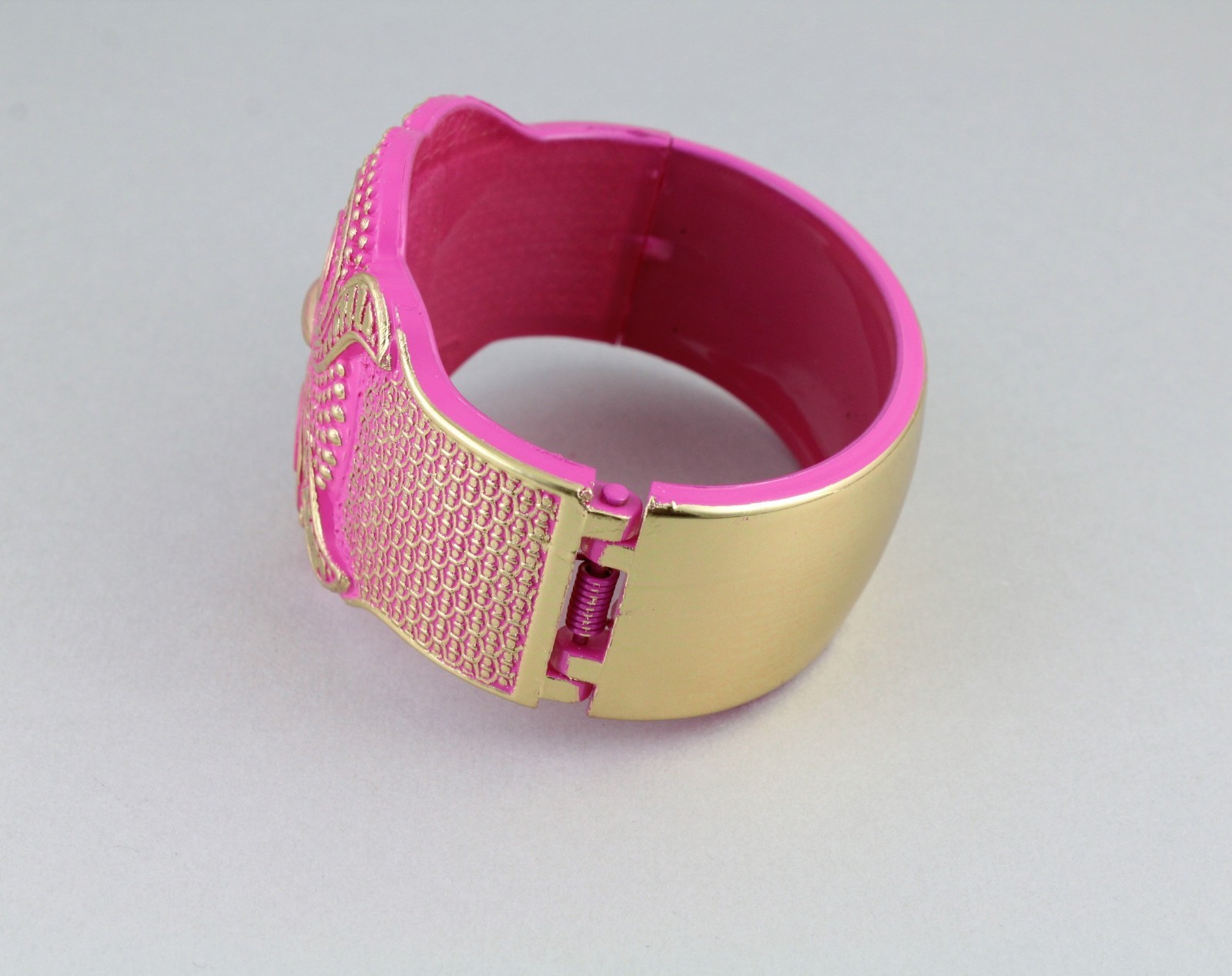 Owl bracelet Pink Gold carved textured bird plastic hinged bangle cuff