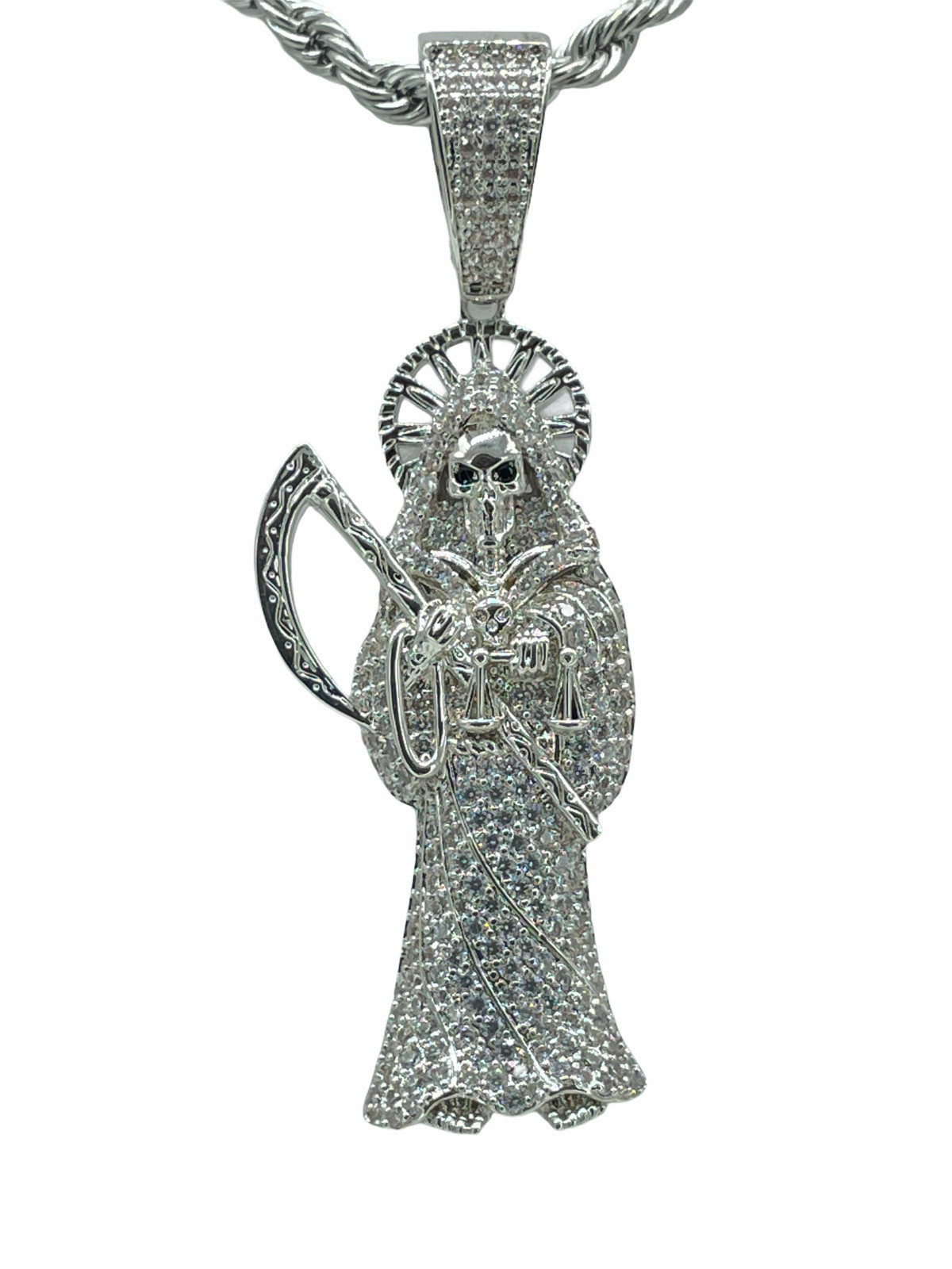 Santa Muerte Medalla con Cadena Oro Chapado Blanco Dije Piedras NUEVO Santísima