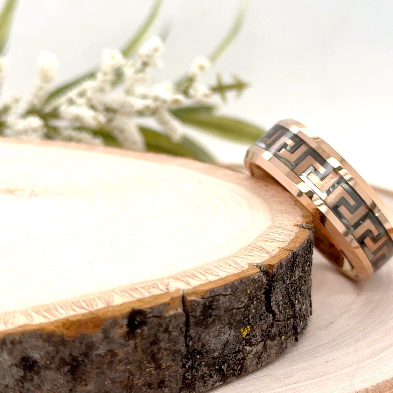 Rose Gold Polished Tungsten 8mm Modern Ring Greek Key Inlay Unisex Classic Band
