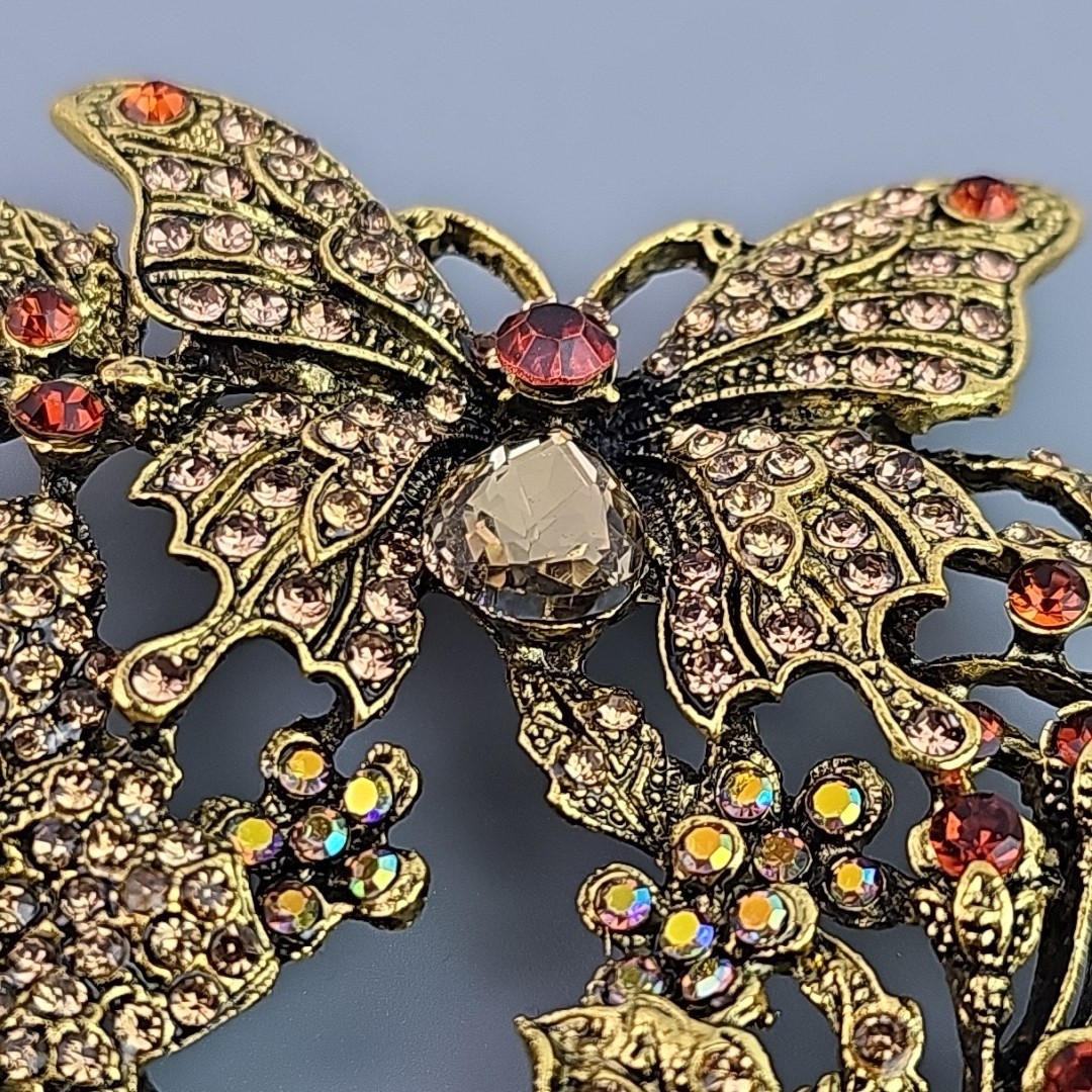 Large Garden Butterfly Brooch Vintage Rhinestone Statement Pin 3.75 in Tall