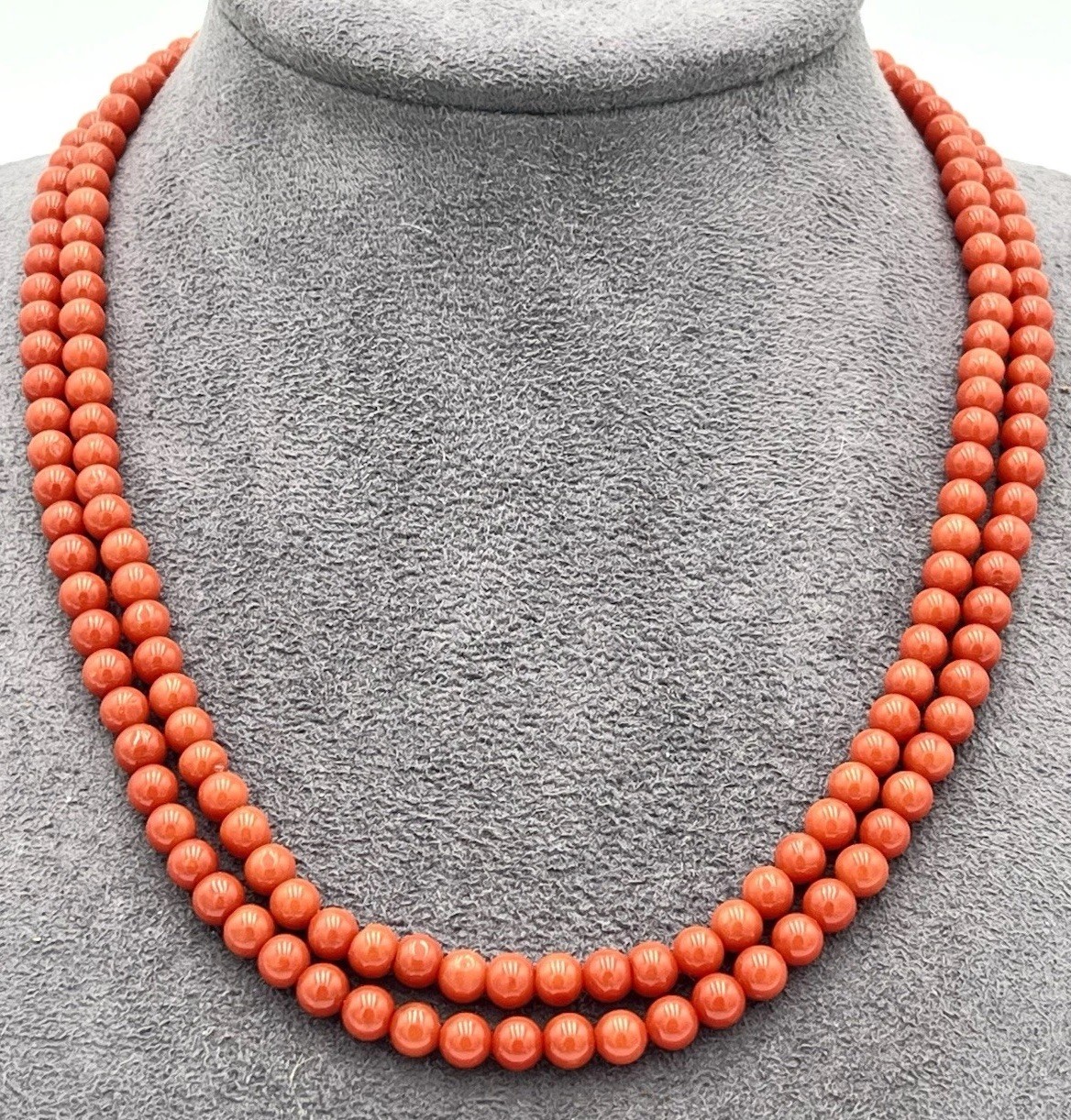 Mediterranean Red Coral Necklace 2 Strands 5mm 18kt Gold Handmade Made In Italy