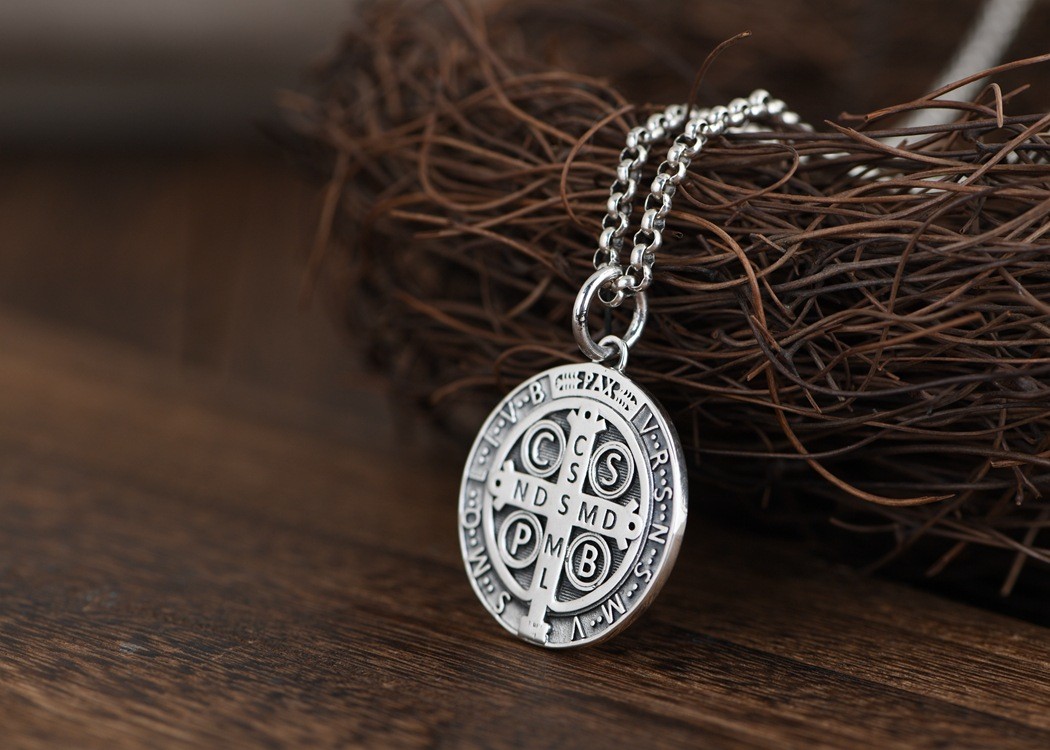 S925 Sterling Silver ST BENEDICT MEDAL Cross Pendant RELIGIOUS Protective Amulet