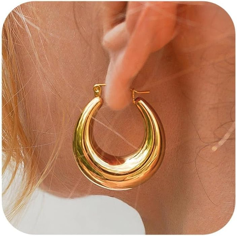 Chunky Gold Hoop Earrings for Women Non Tarnish, 14K Gold Plated Thick Triple Ho