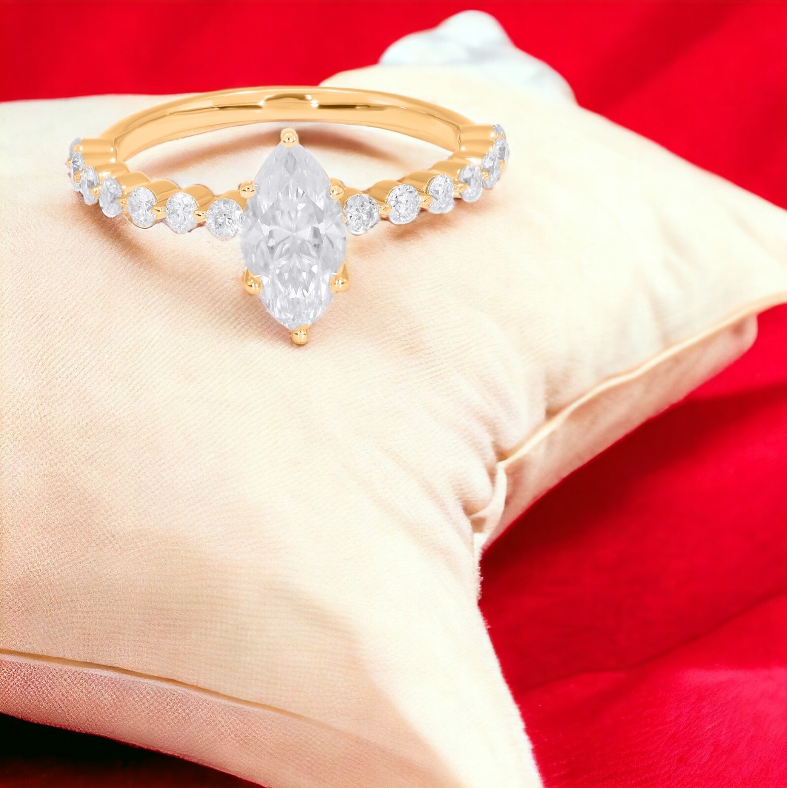 1.40Ct Marquise & Round Cut Moissanite Engagement Ring 10K Gold Women’s Gift