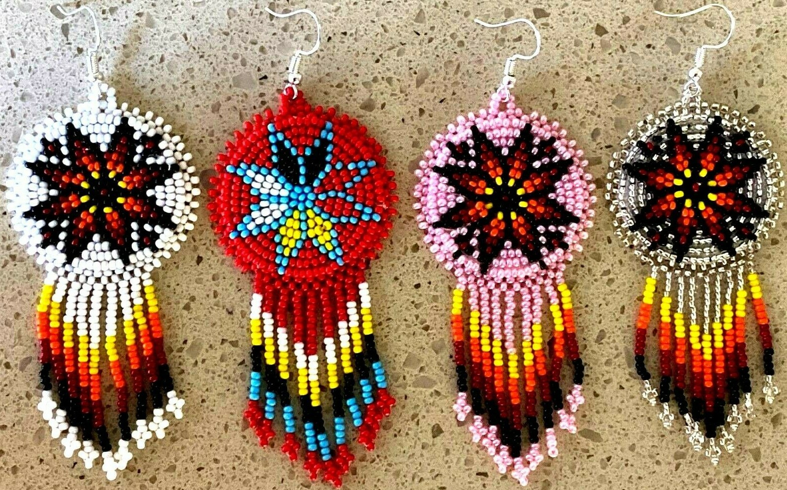 Handmade beaded Native style Artisan Fringe Multi-Color Hook Earrings