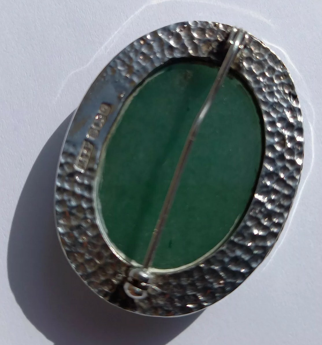 Hand Made Large Oval Silver & Jade Brooch Sheffield Hallmarked MTP 40mm x 32mm