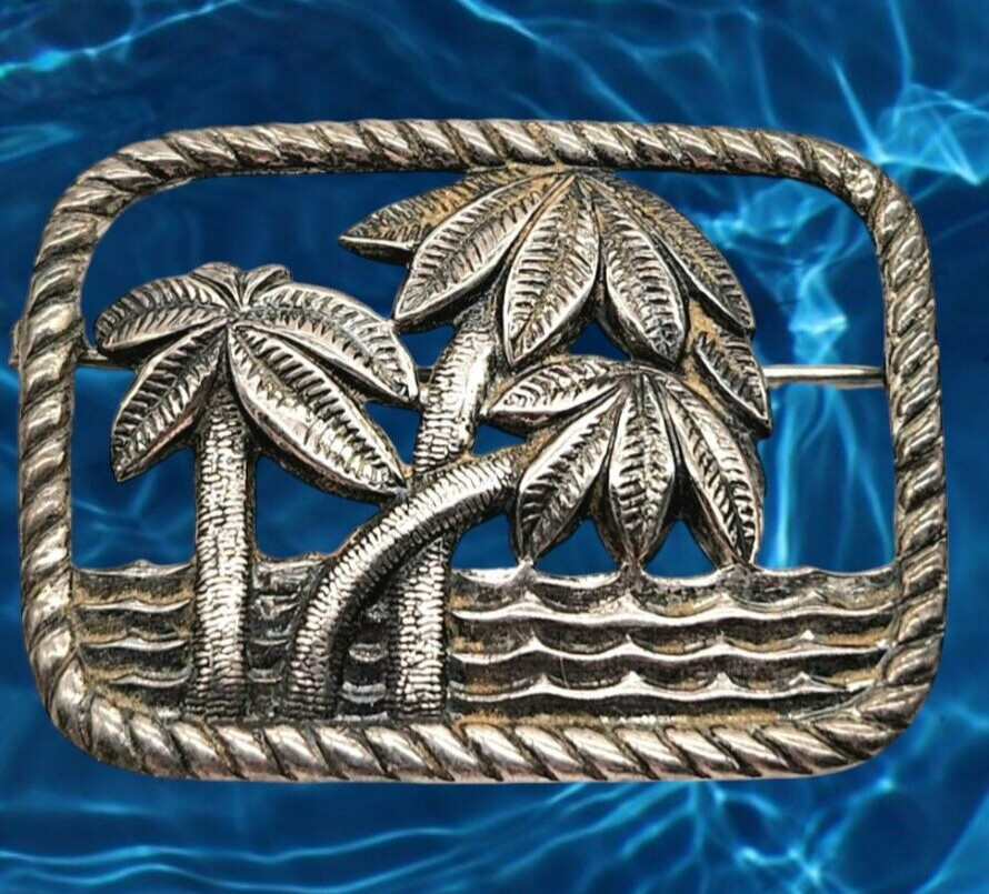Danecraft 1940s Sterling Brooch – Three Palm Trees Seascape, Signed, 2″
