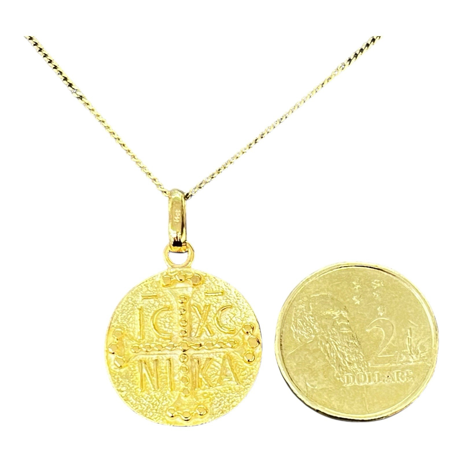 14ct 14K Yellow Gold ICXC NIKA Constantine Coin Pendant 19mm 3.34 Grams. New