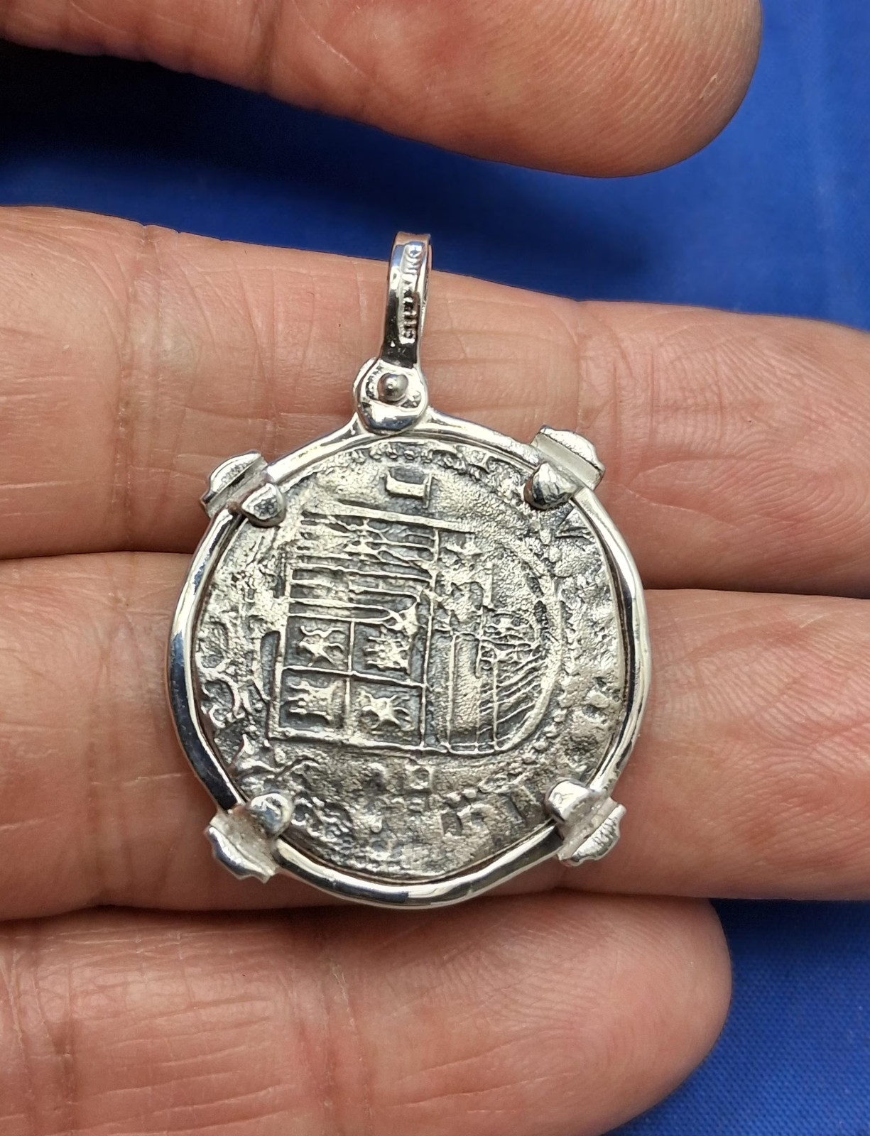 Sterling 2 Reale Replica Atocha Shipwreck Pirate Coin Pendant with Emeralds