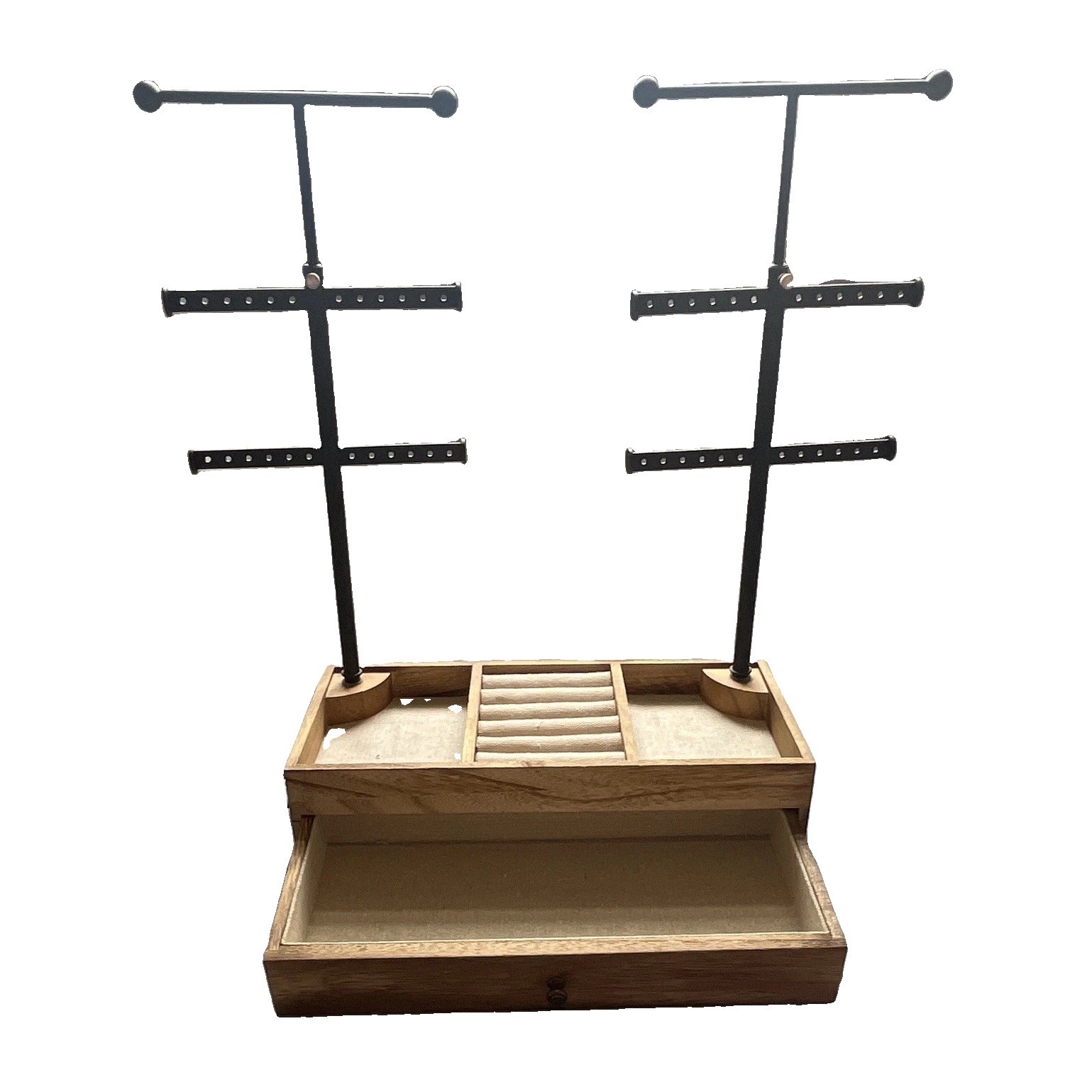 Wood & Metal Jewelry Organizer Box, Lined Drawer, Earring & Ring Storage