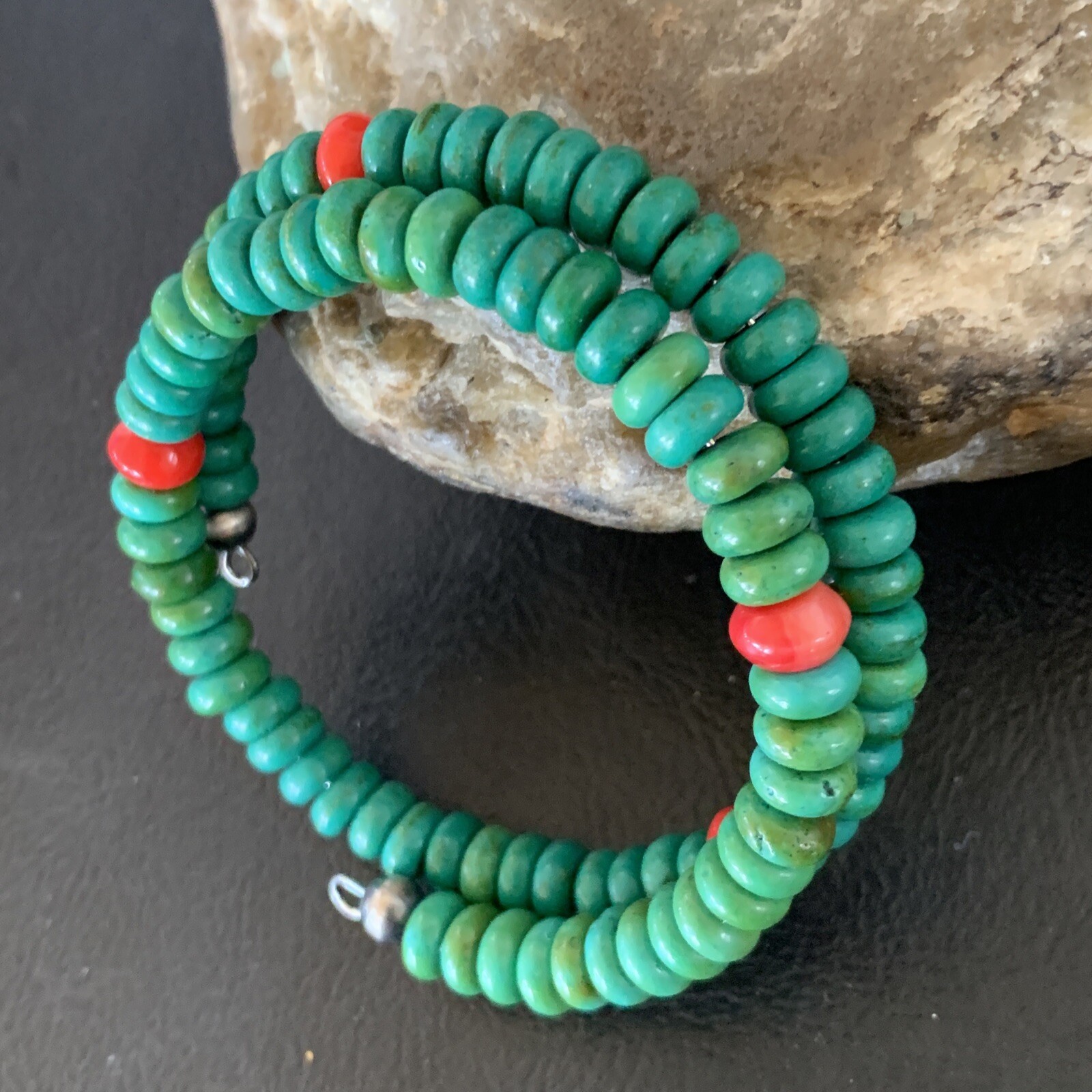 Wrap Memory Wire Stainless Steel Navajo Coral Green Turquoise Bracelet 9″ 13313