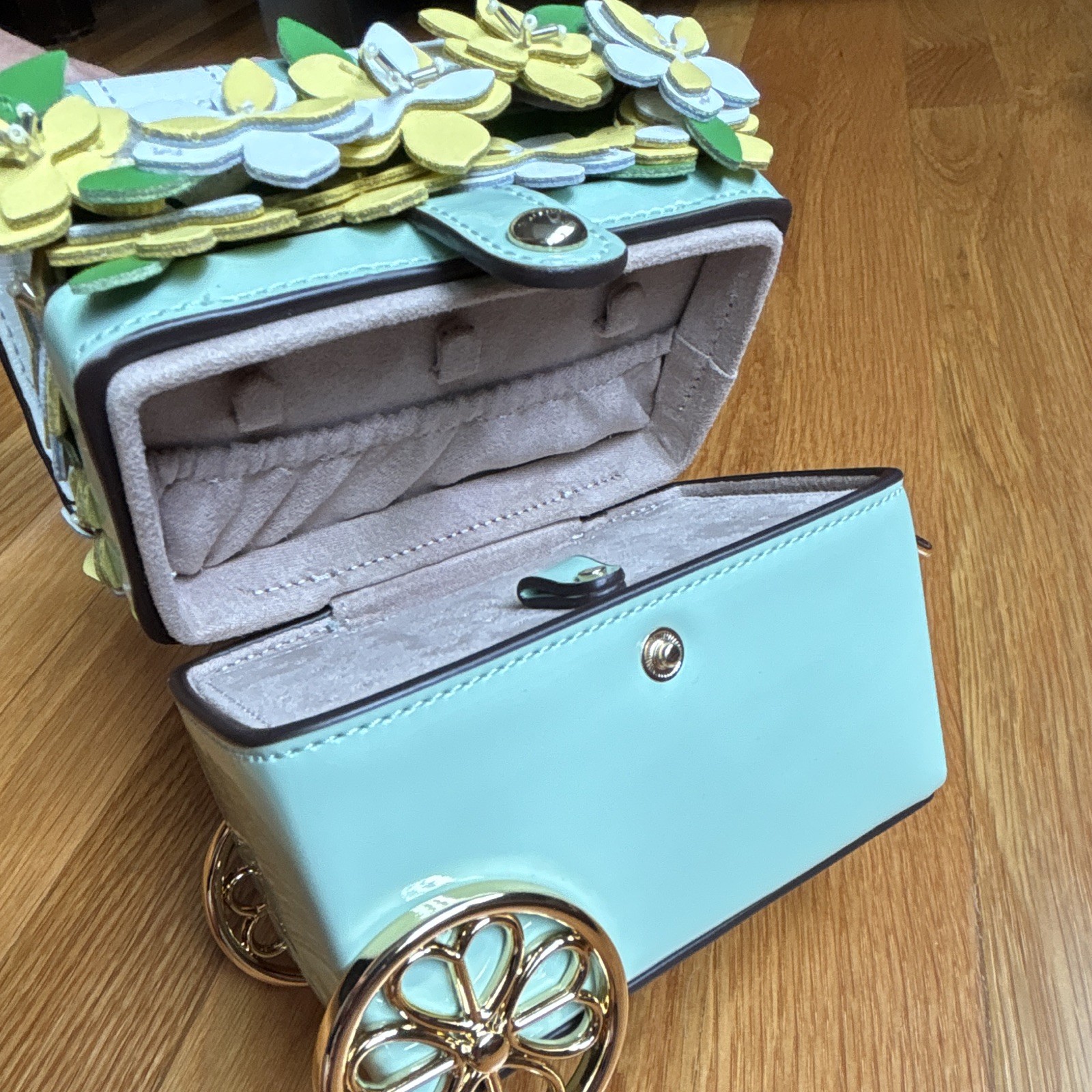 Kate Spade Floral Novelty Jewelry Box, Faux Leather Lined, Green White Yellow