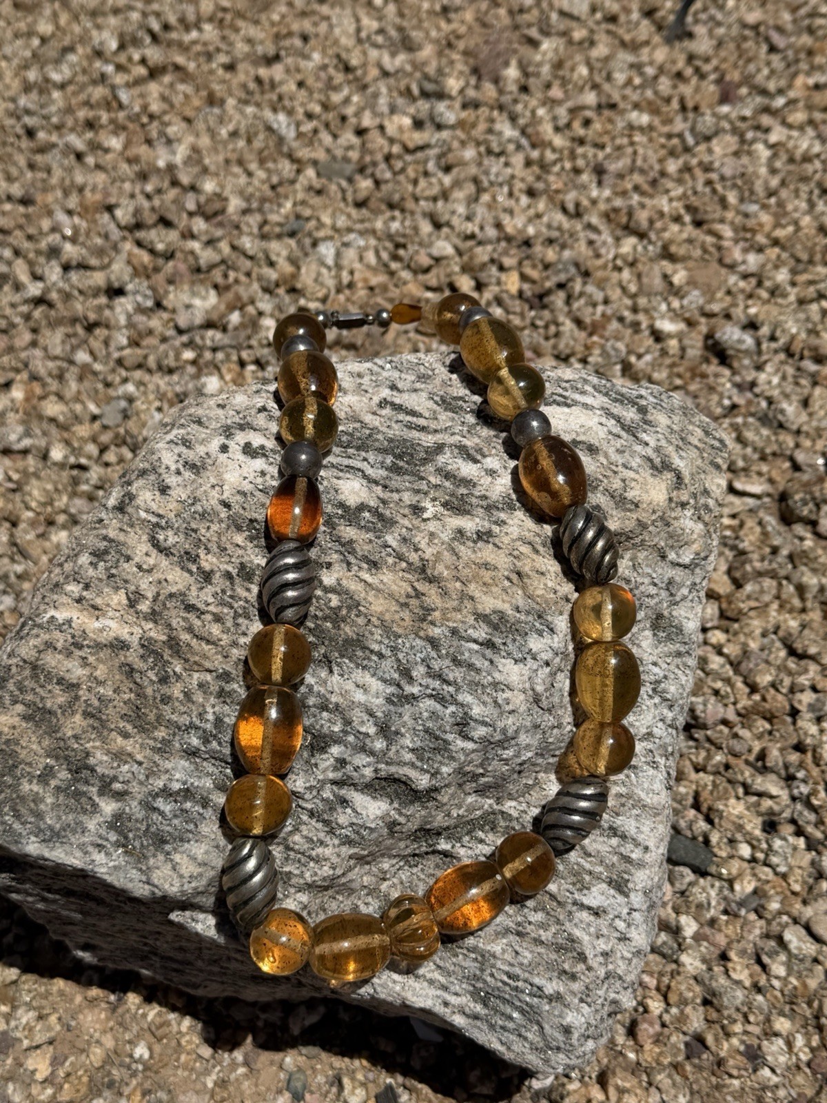 Taxco Sterling Silver 925 Amber Colored Art Glass Lrg Necklace 14.5” 177g Rare