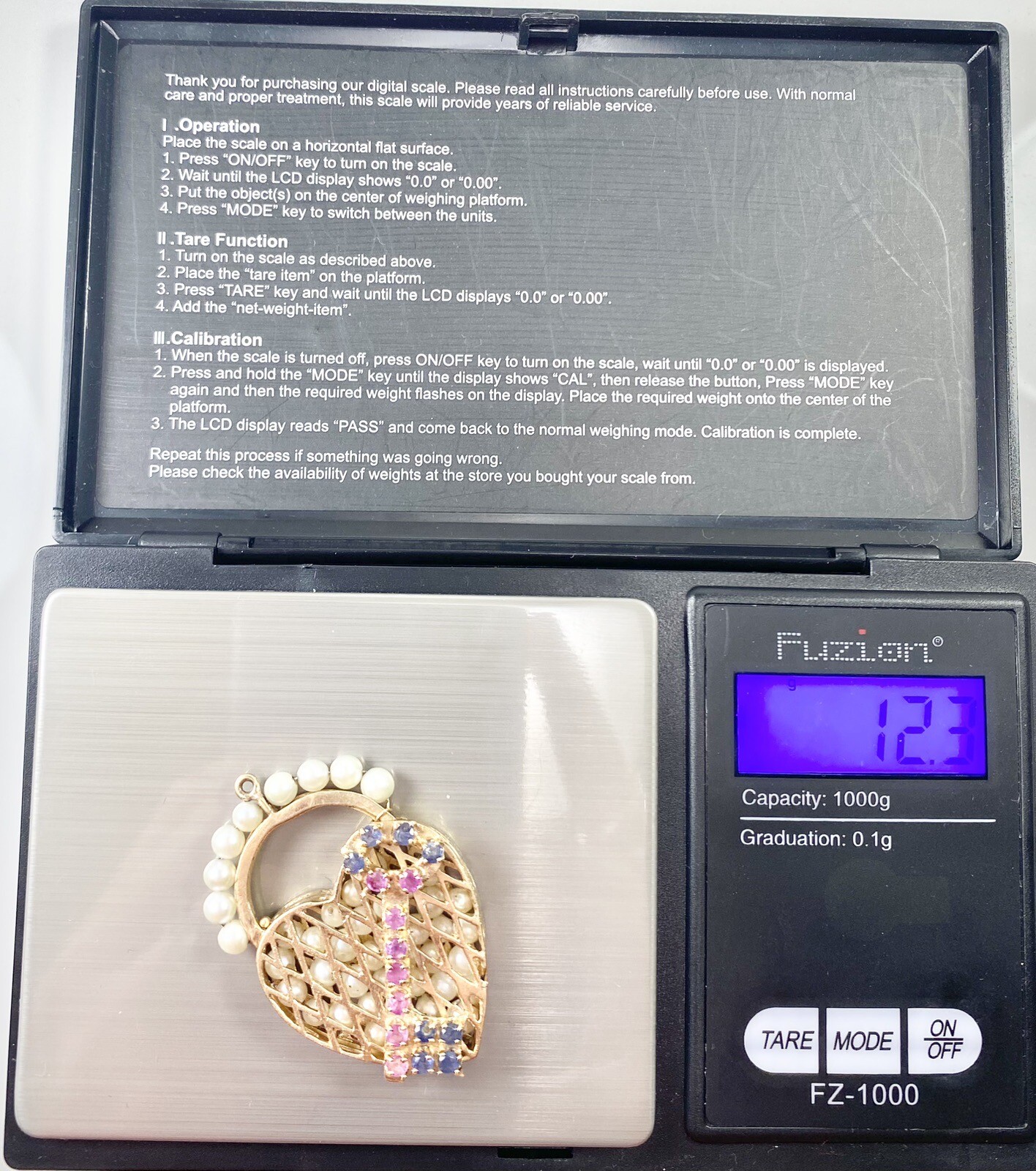 LARGE RETRO 1950S KEY TO MY HEART PEARL RUBY SAPPHIRE CHARM VINTAGE (C153B)