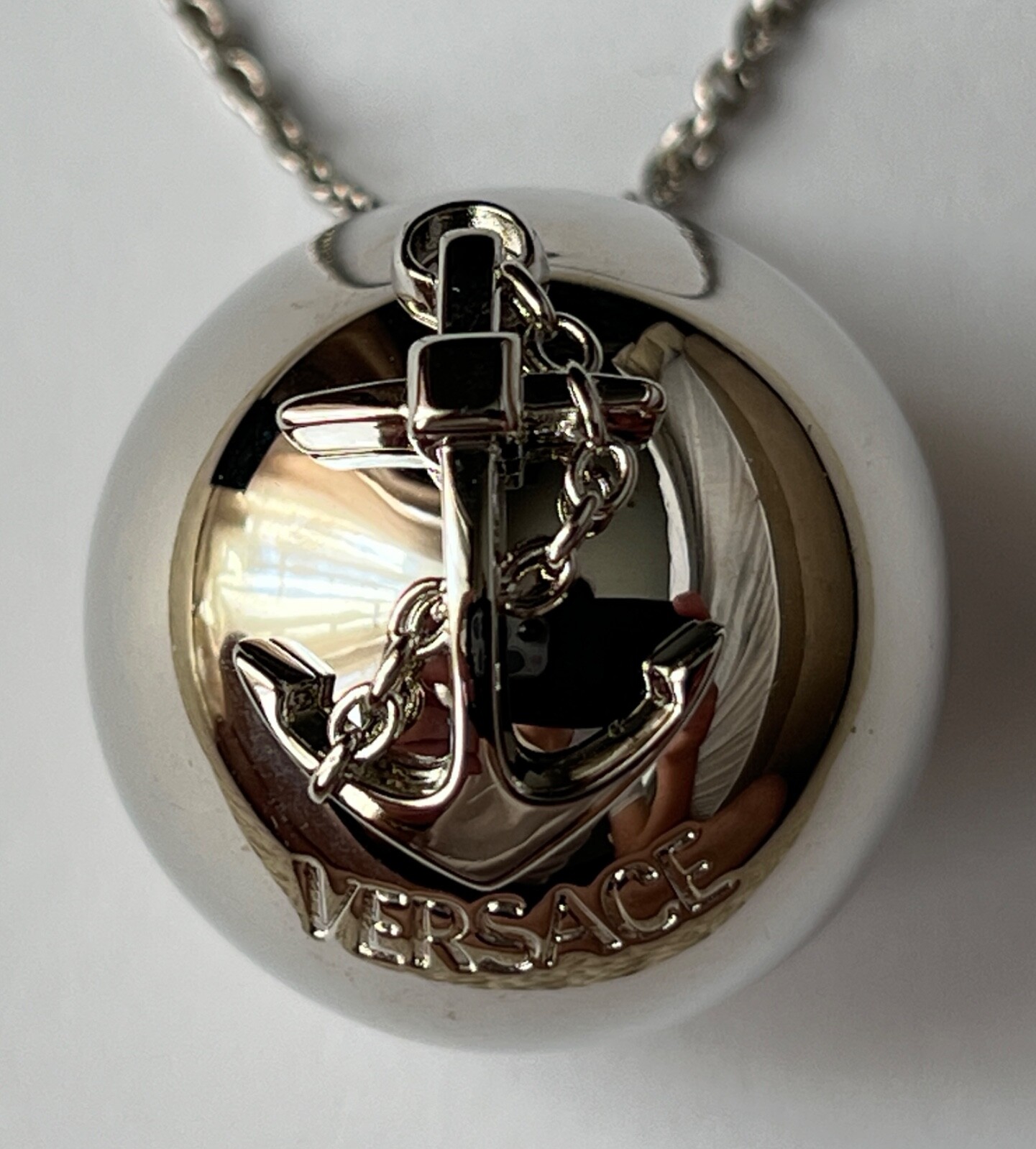 NIB Versace Nautical Anchor Logo Large Silver Sphere Round Pendant Necklace $975
