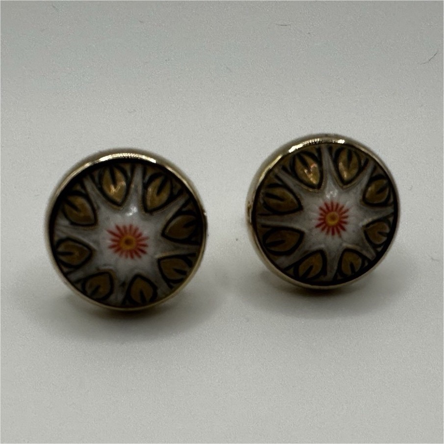 Vintage Round Brass Enamel Cufflinks Gold White Red Black Bullet Back Decorative
