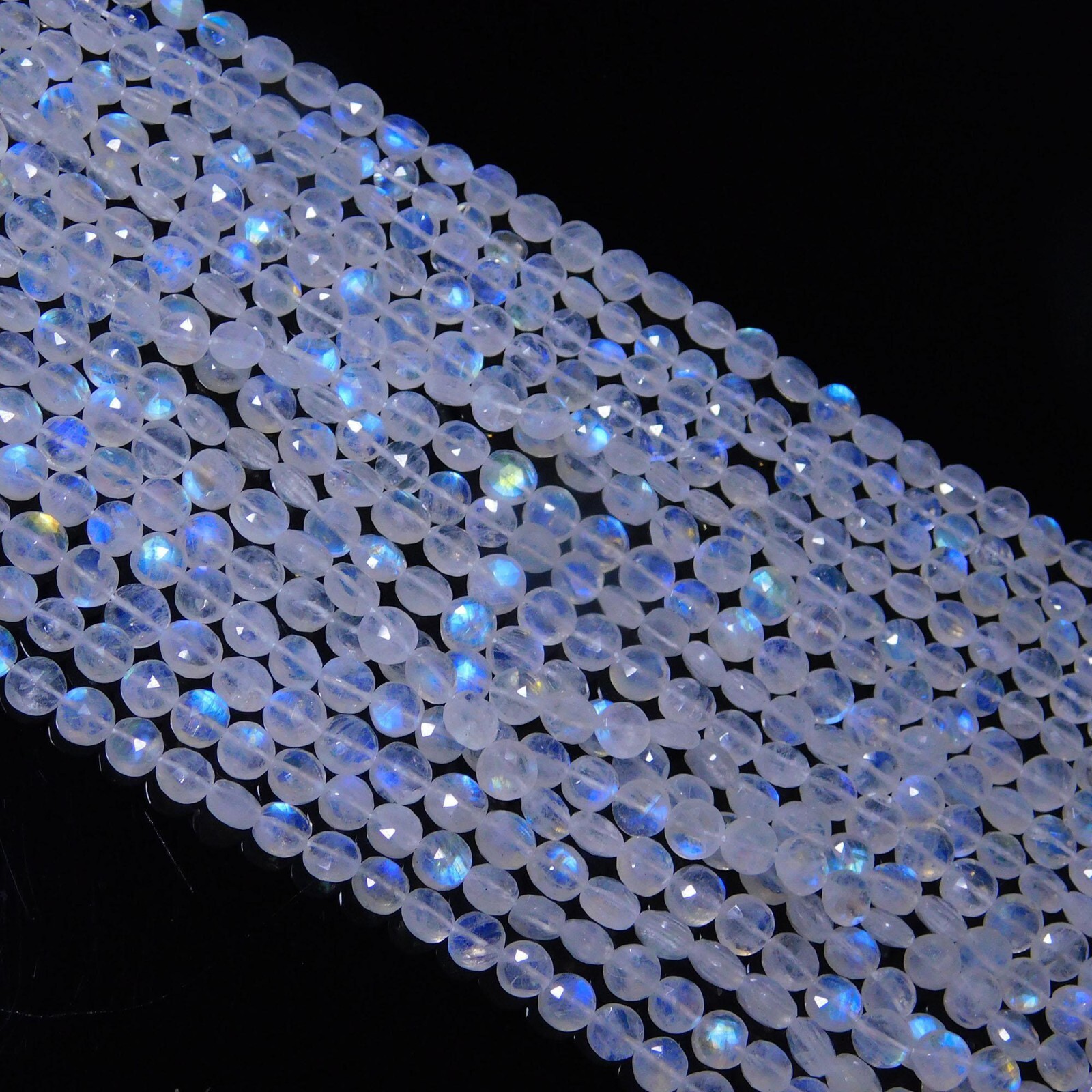 Natural Gem Rainbow Moonstone Multiple Size Blue Fire Faceted Coin Beads 13″