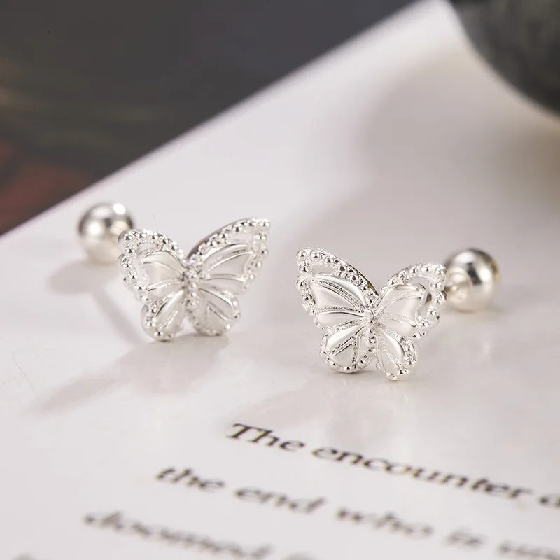 Real Money 925 Sterling Silver Crystal Butterfly Screw Stud Earrings for