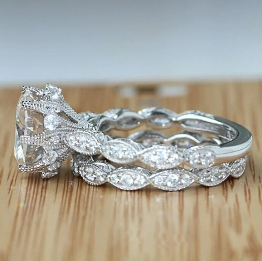 925 Silver Plated Ethnic Vintage Ring 2 Ct CZ Inlay Bridal Marriage Ring Set