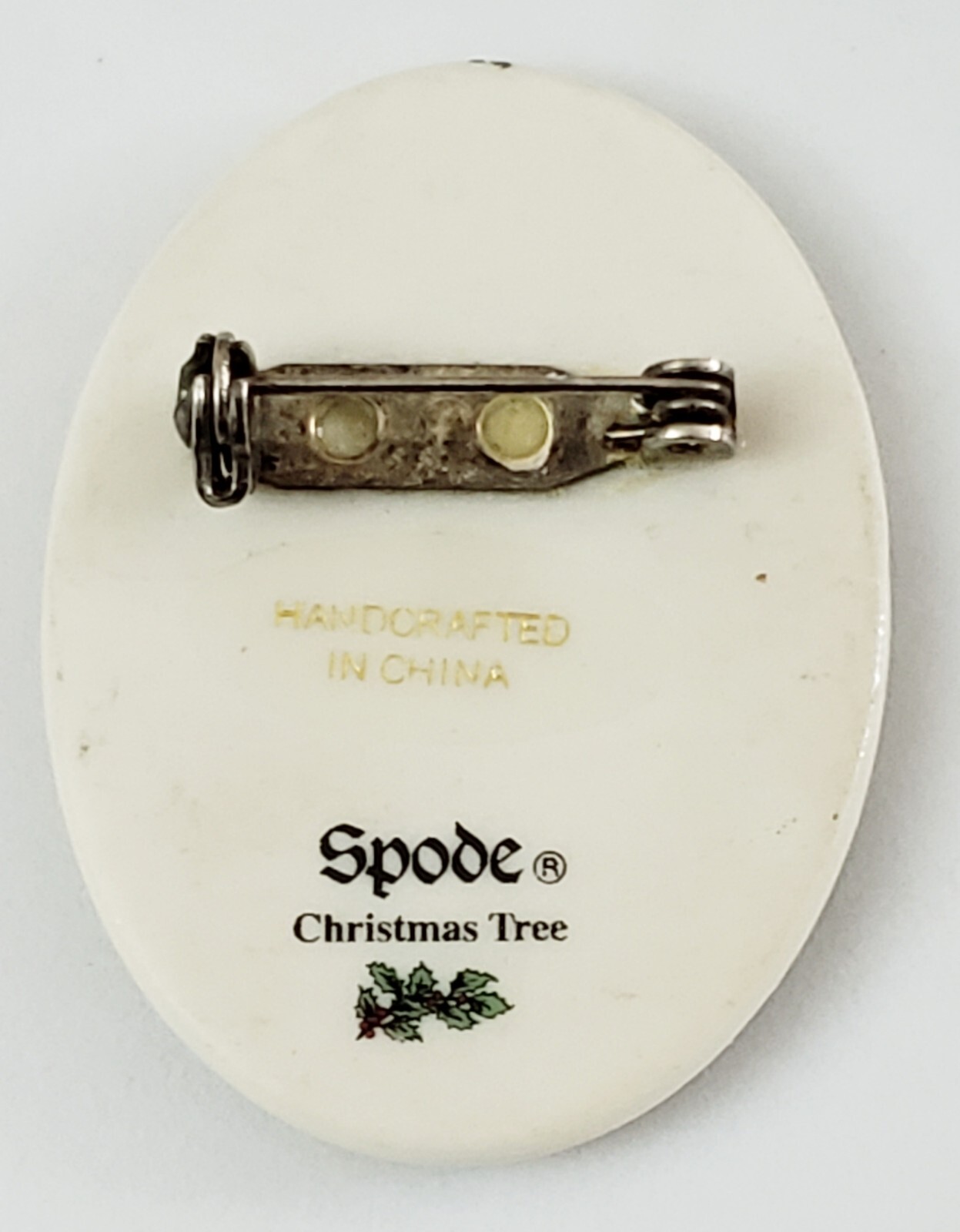 Vintage Signed SPODE Porcelain Oval Gold Trim Christmas Tree Brooch Pin, SIGNED
