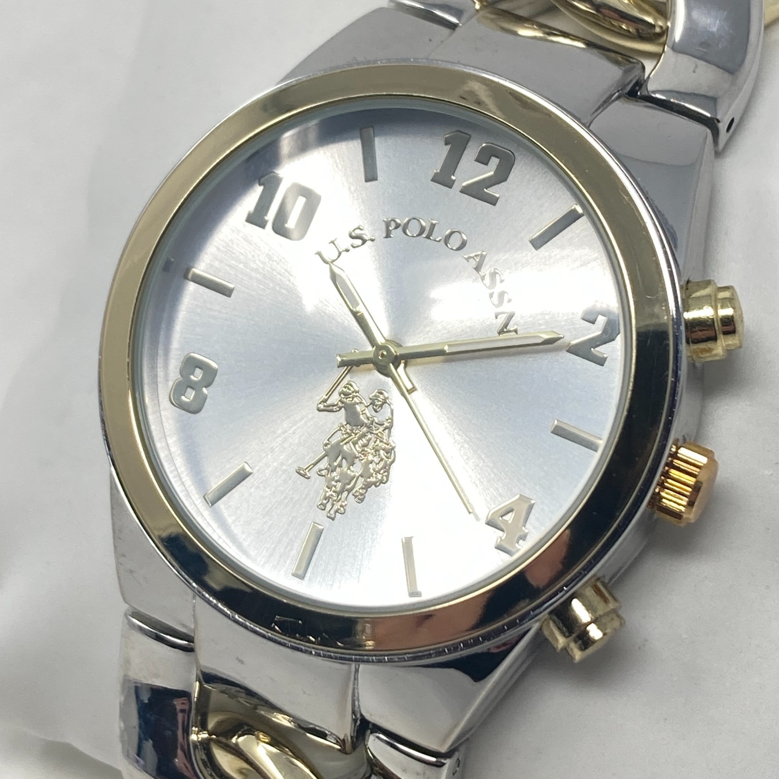 US Polo Assn Mens Watch 38mm Silver Gold Two Tone Curb Link New Battery 7.5″